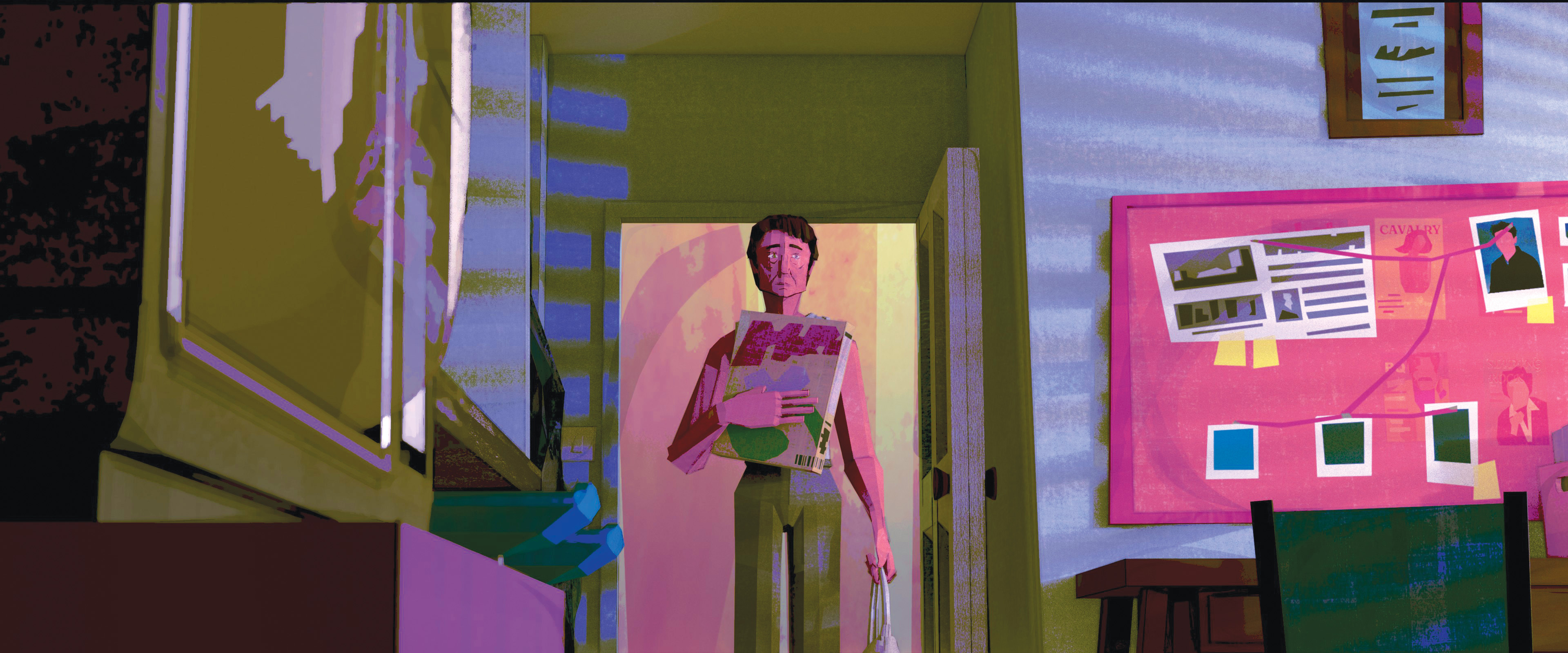 Digital illustration showing a person in pink shirt and green trousers standing in a colourful interior with purple walls, white stairs, and bright pink notice board.