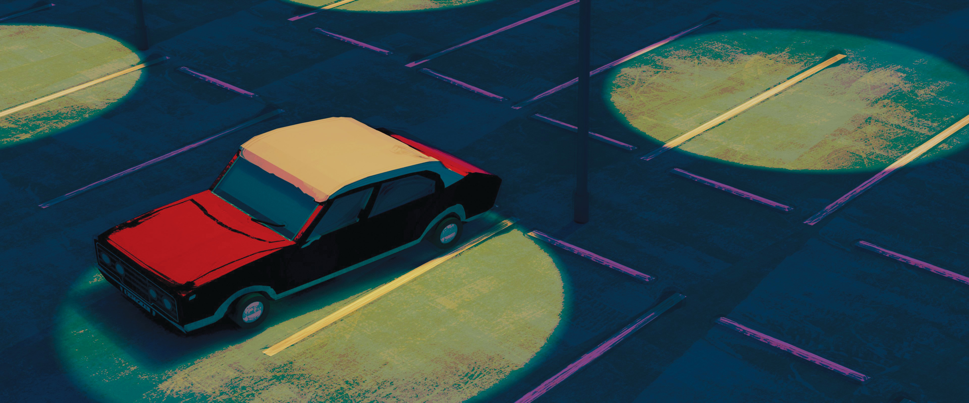 Red and orange car on blue road surface with yellow circular markings and purple grid lines in stylised illustration.