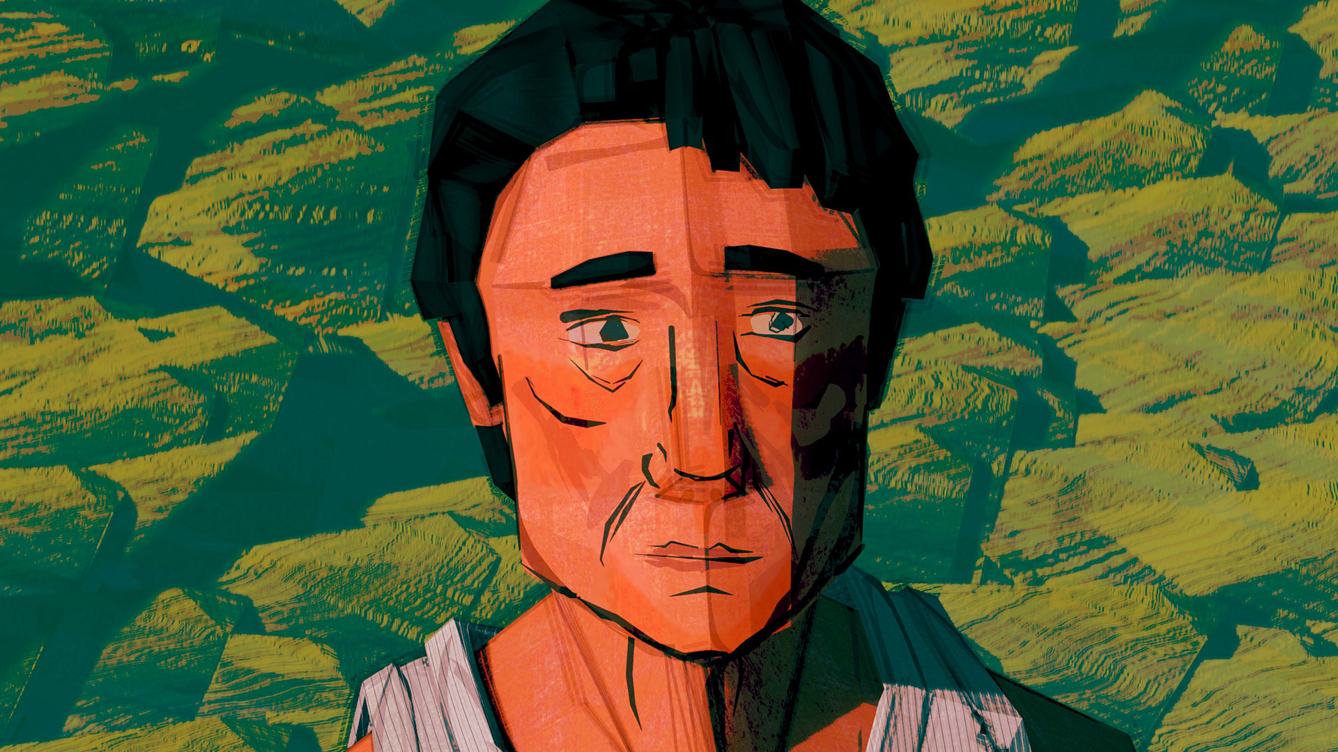 Illustration of man with orange-toned face, black hair, white shirt against green and yellow brushstroke background.