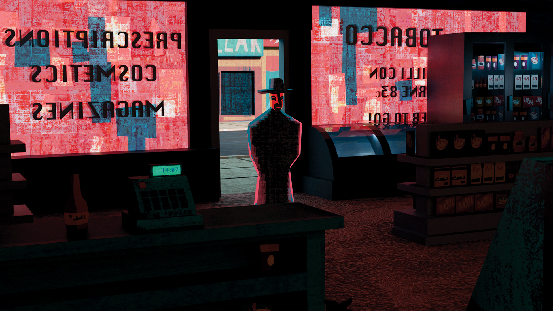 Dark silhouette stands between bright red and blue illuminated shopfronts with reversed text. Neon lighting creates strong contrast against black shadows and pavement.