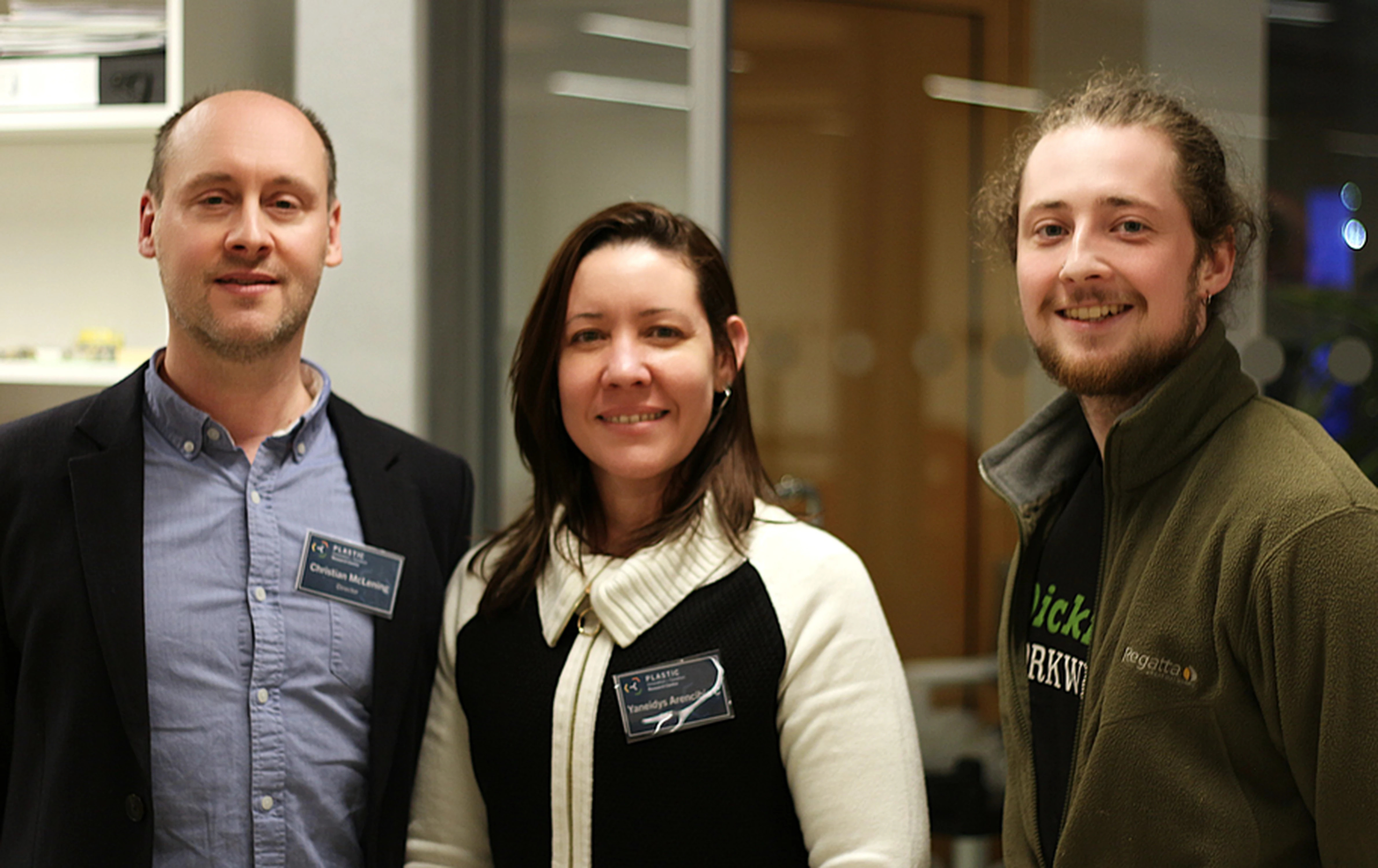 C McLening, Y A Coloma and C Winter pose for a photo at the PlastIC launch event at the Innovation Studio, Arts University Bournemouth.