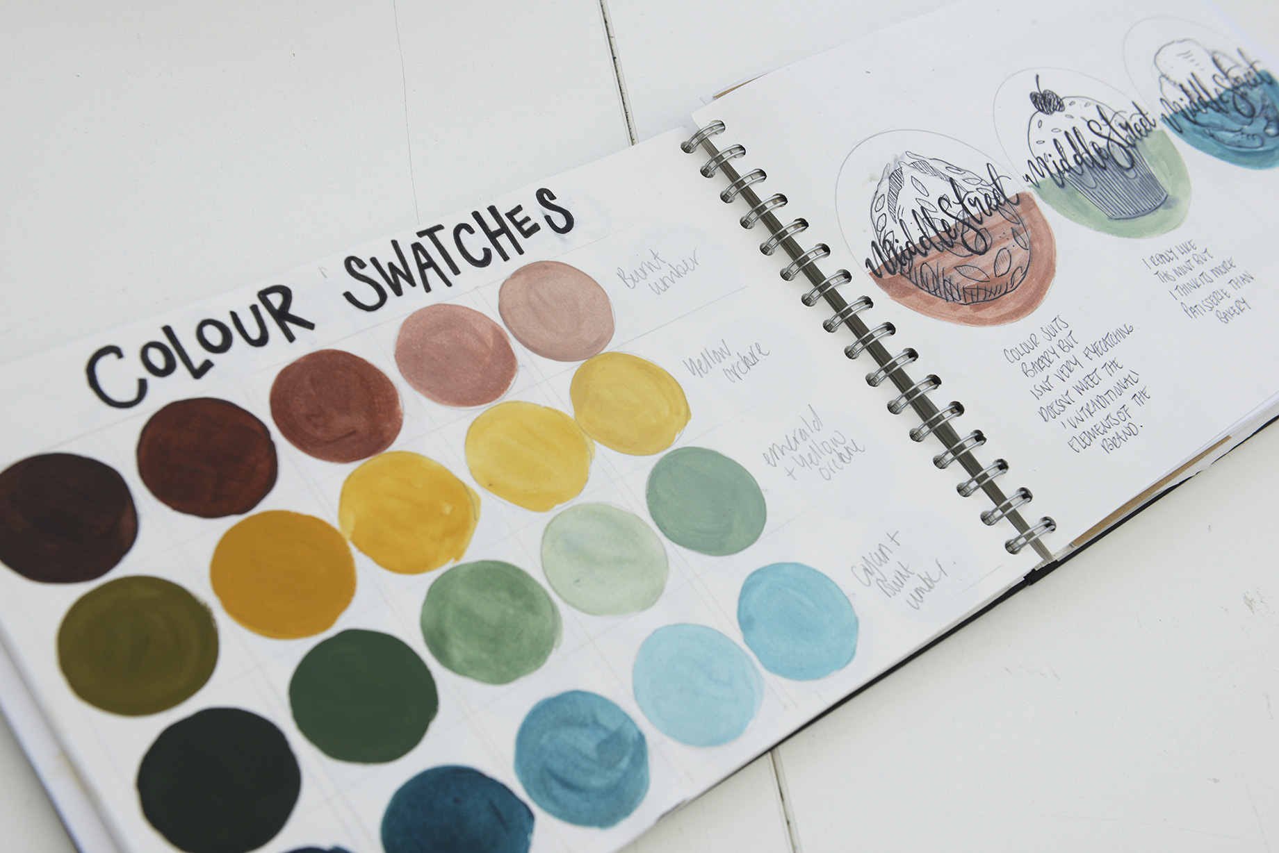 Open portfolio book with assorted colour swatches on the left-hand page.