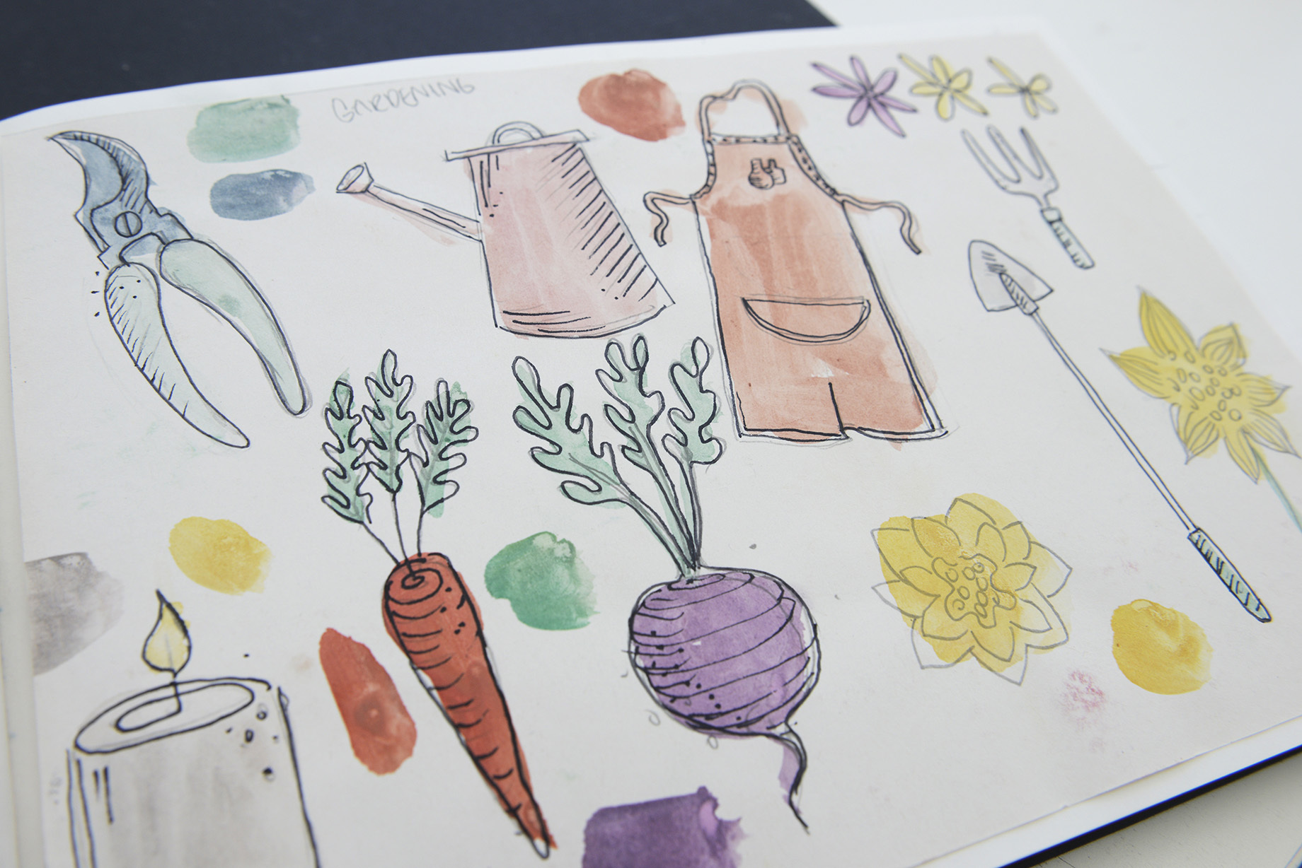 Sketchbook page showing coloured illustrations of assorted vegetables and gardening equipment.