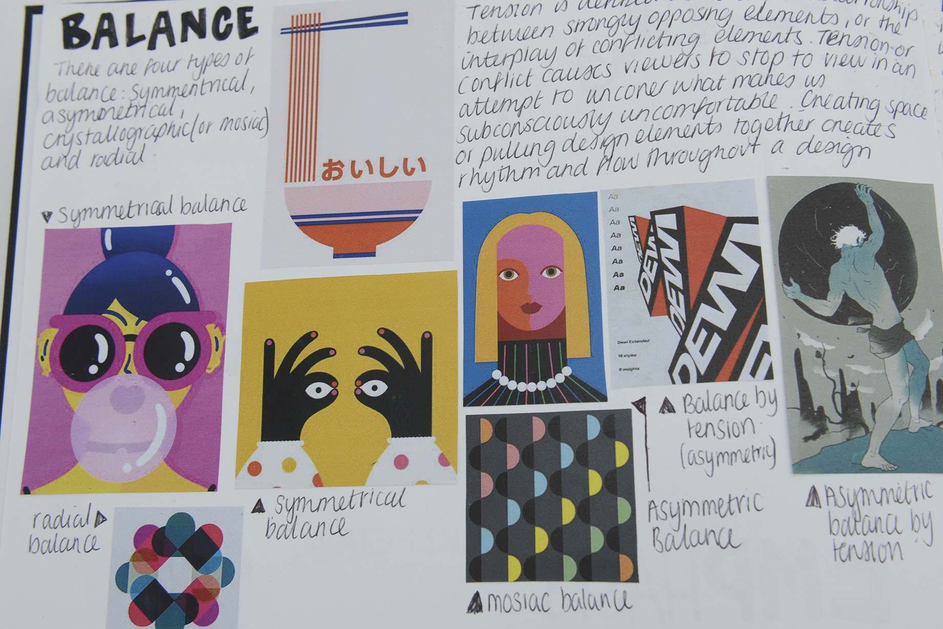Page with the heading 'Balance' in the top-left corner, with blocks of handwritten text and images along the bottom with handwritten annotations.