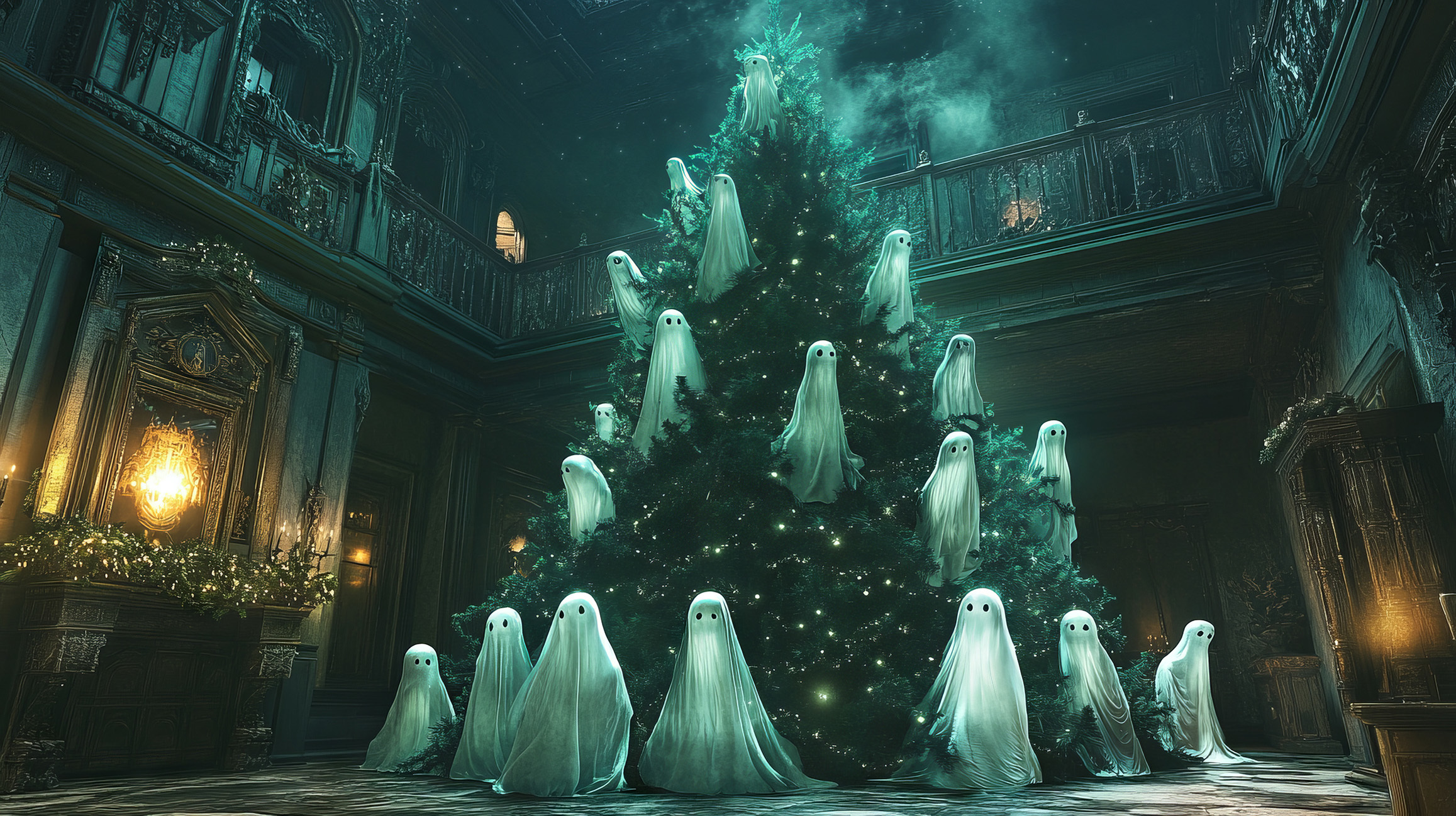 A Gothic-style ballroom or foyer with several ghosts wearing white sheets all around a giant Christmas tree.