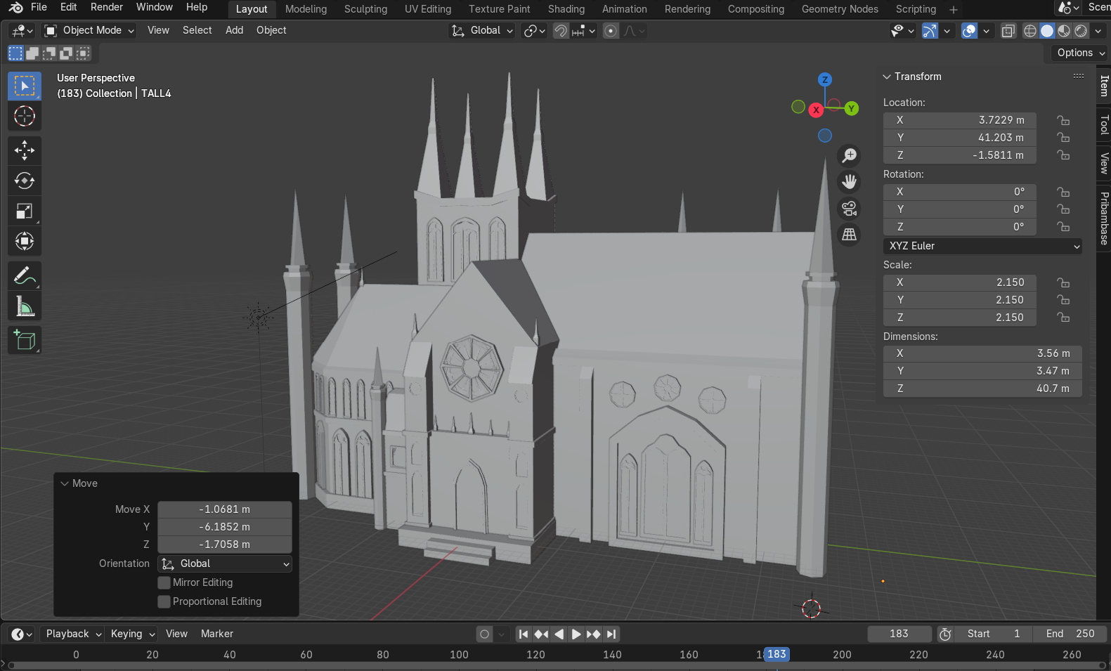 Screenshot of the interface for Blender, showing the grey 3D model of the exterior of a church.