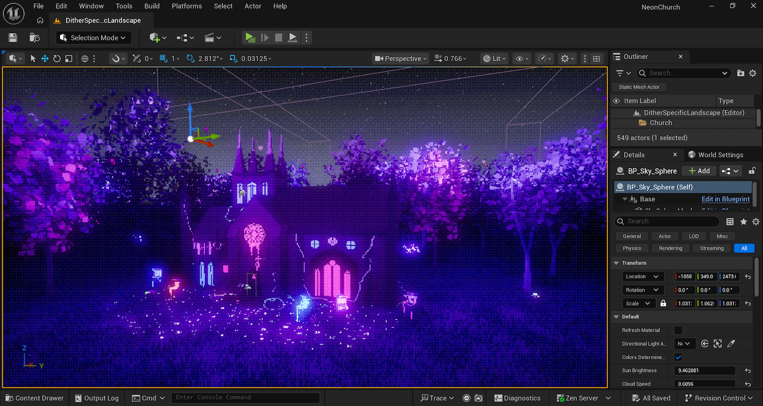 Screenshot of the Unreal Engine 5 interface showing a purple and blue woodland game environment with a church with glowing windows.