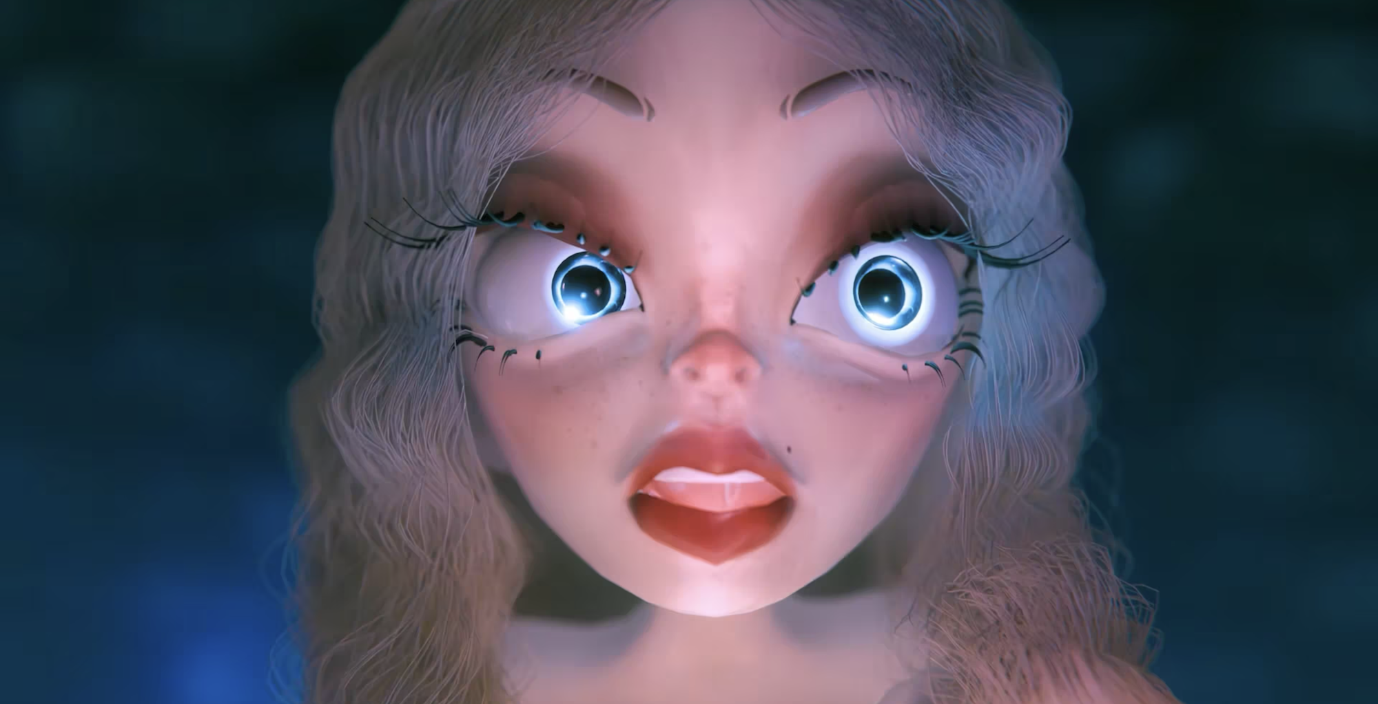 Digital illustration of a character with large blue eyes, pink lips, and brown wavy hair against a dark blue-green background.