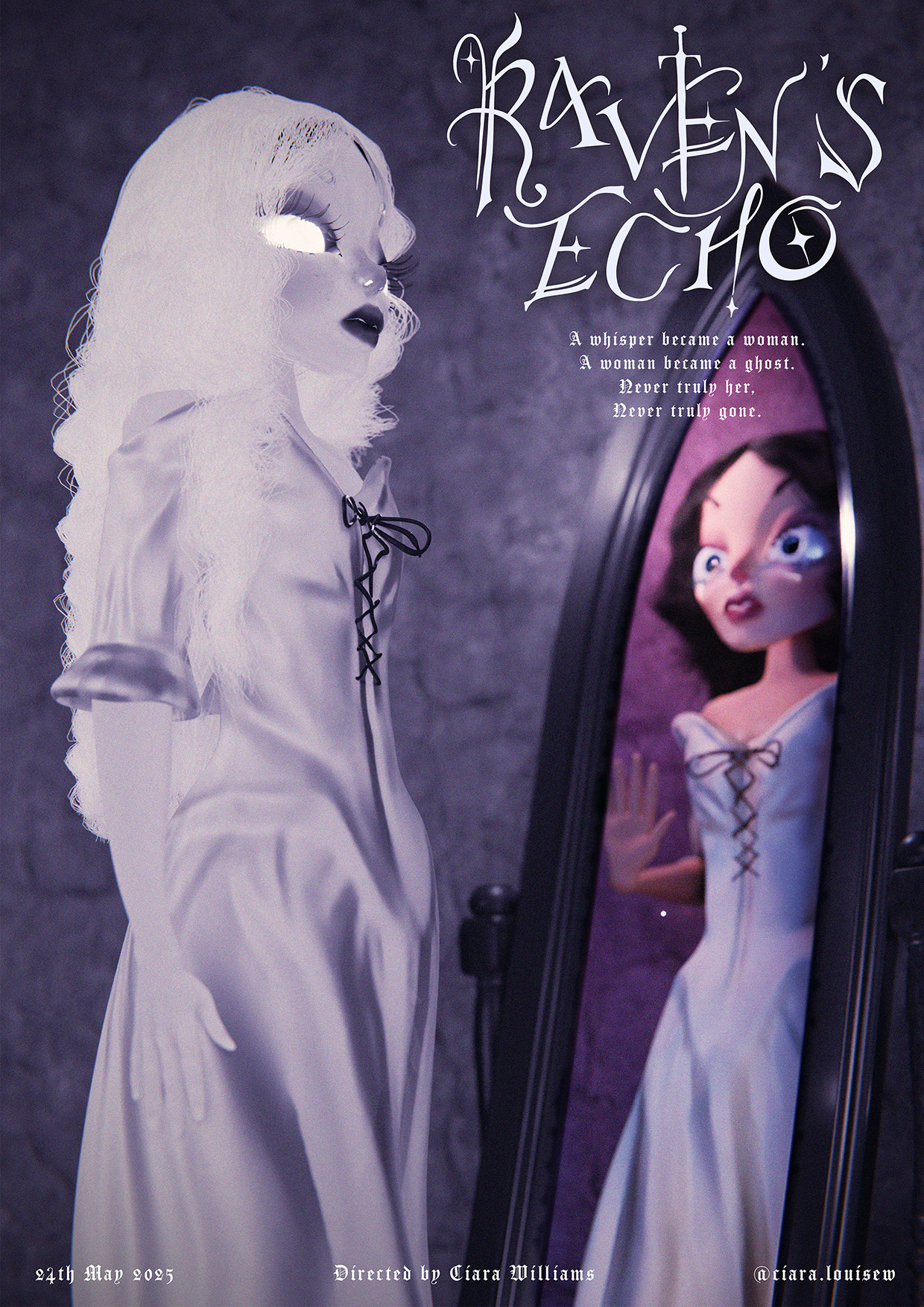 White-robed figure with pale mask beside dark mirror reflecting woman in white dress. Purple and grey tones dominate composition.