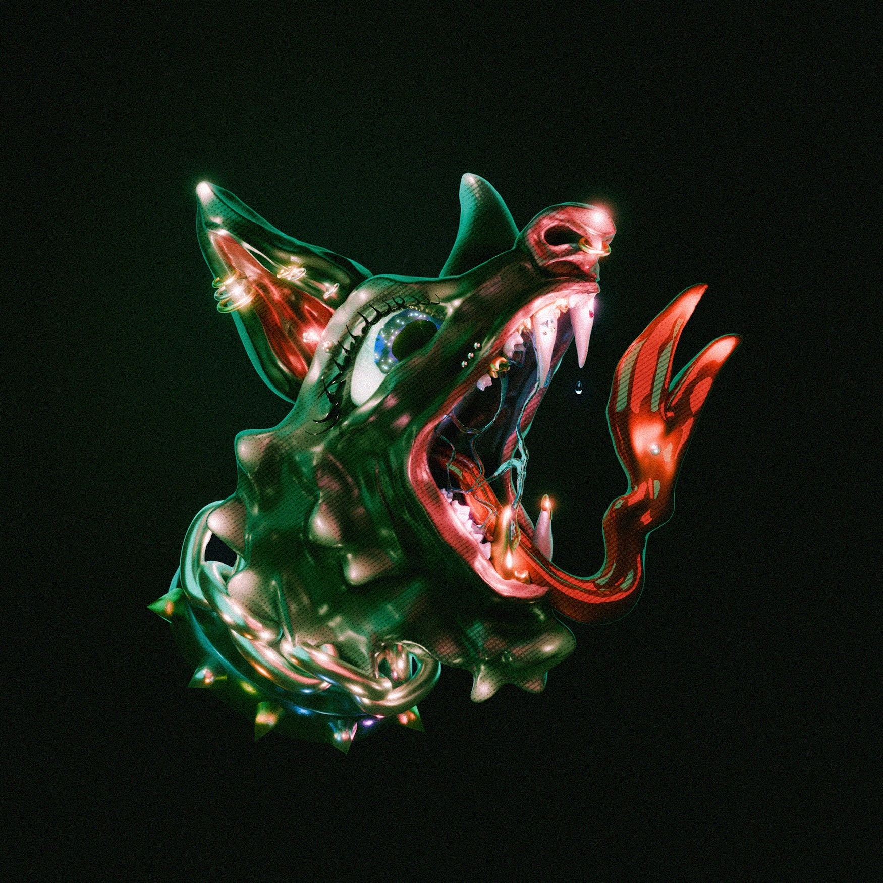 Abstract flowing forms in green, red, and pink against black background. Translucent, liquid-like shapes with glossy reflective surfaces.