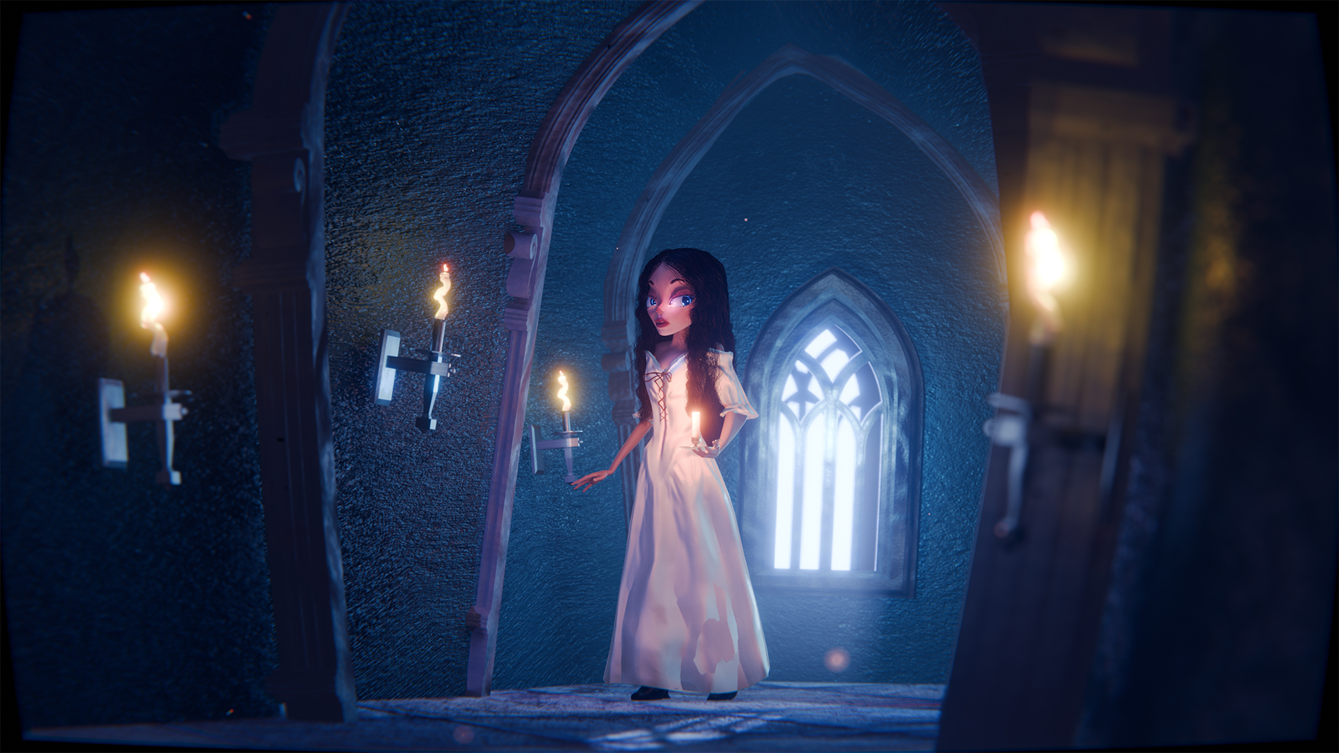 Woman in white dress holding candle in dark stone corridor with gothic arched window and wall-mounted torches.