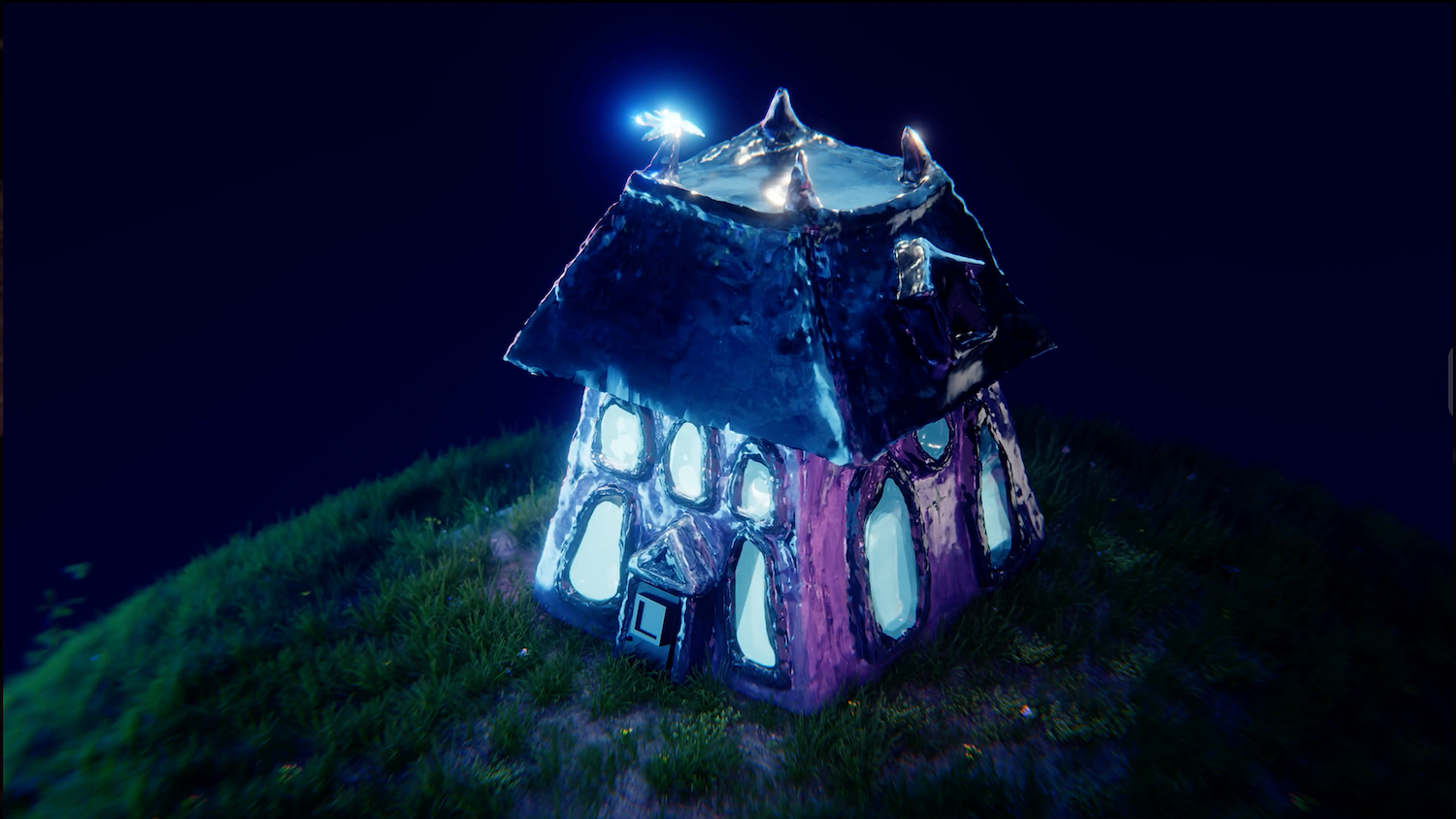 Illuminated submersible vehicle with white, pink and metallic surfaces sits on green seabed against dark blue water background.