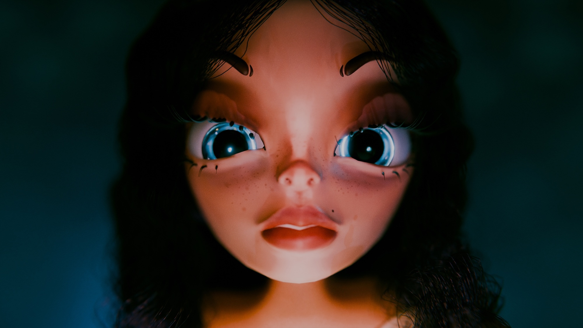 Close-up of doll's face with large blue eyes, brown hair, and pink lips against dark green background with dramatic lighting.