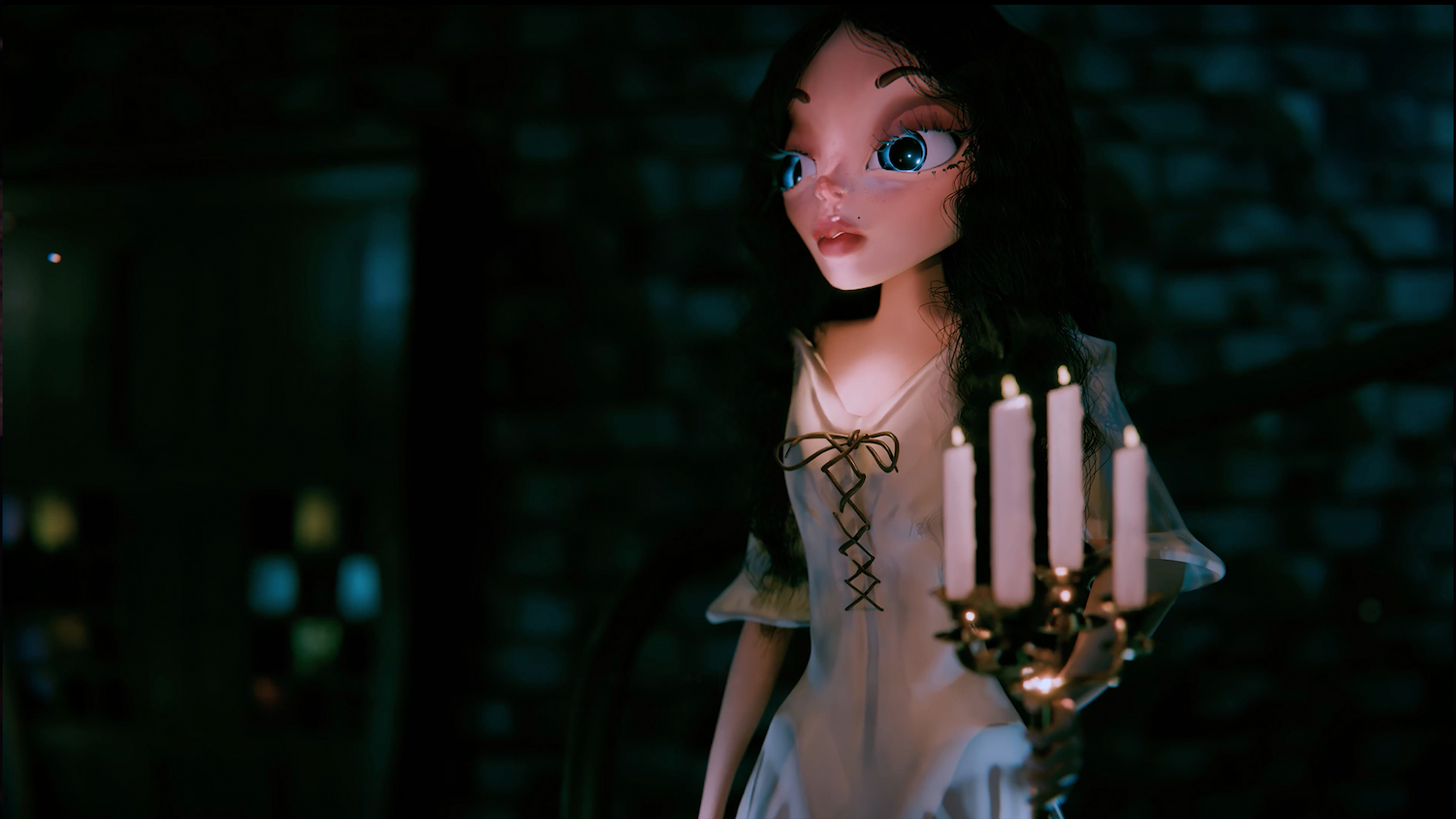 Animated character with dark hair in white dress holding golden candelabra with lit candles against dark blue-green background.