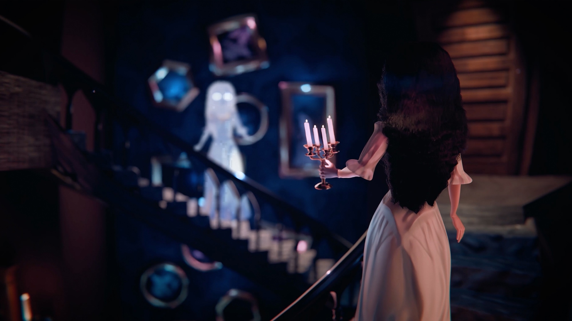 Person in white shirt holding candelabra with lit candles in dark room with floating white figure and colourful objects in background.