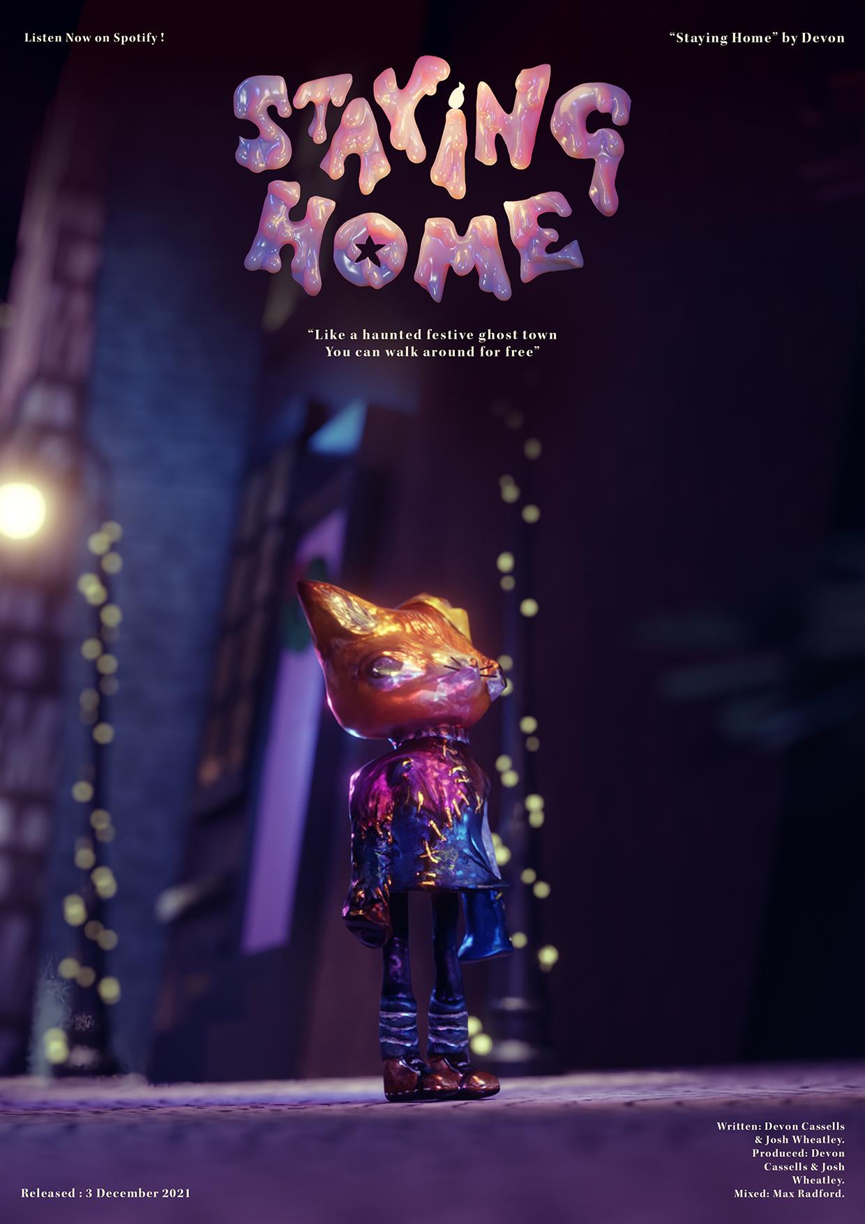 Album cover with pink gradient text "STAYING HOME" on dark blue background. Small figure with golden mask stands in purple-lit street.