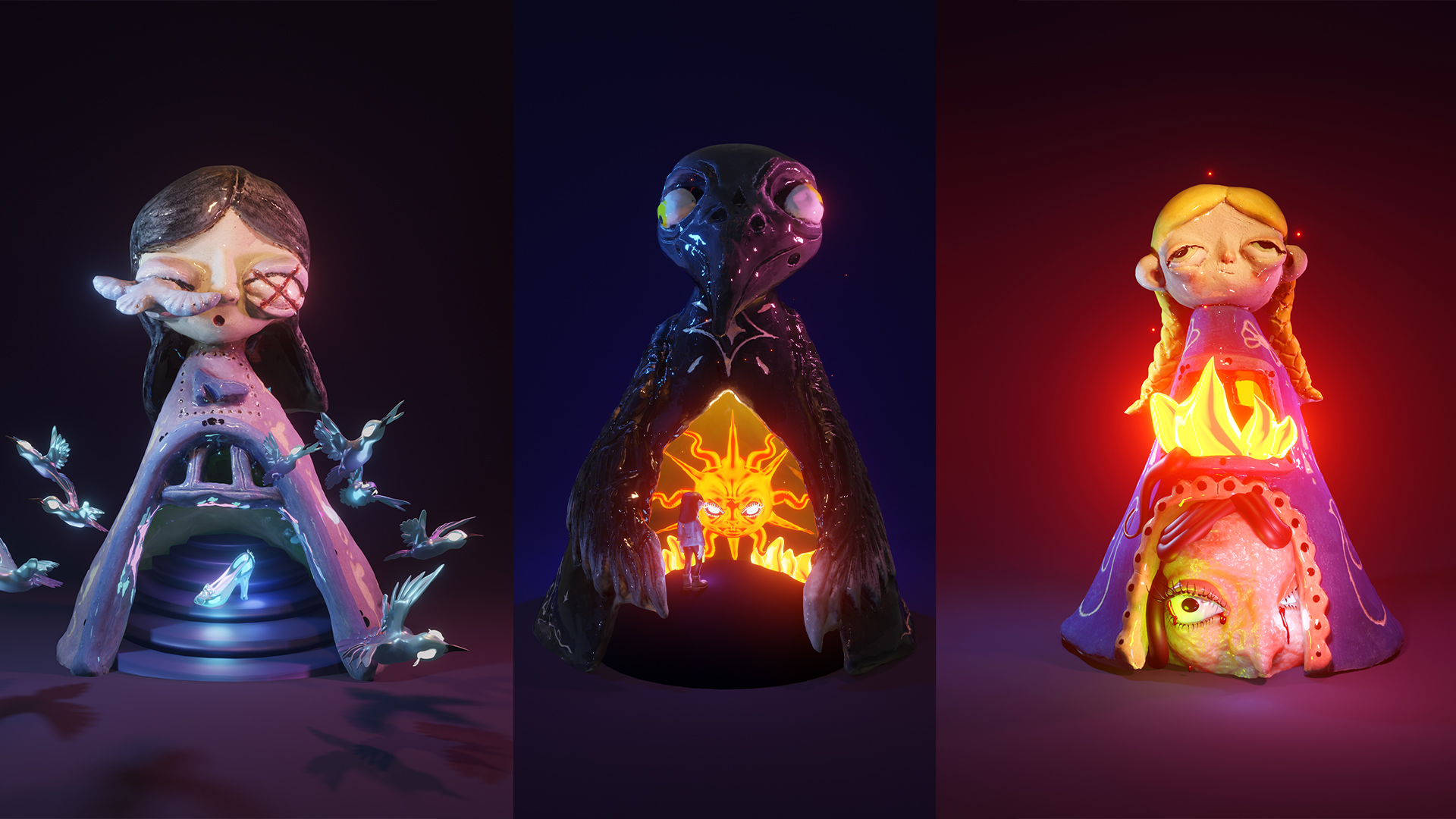 Three illuminated figurines against gradient backgrounds: left shows white-haired character with blue accents, centre displays dark hooded figure with golden chest glow, right features blonde character with warm yellow-orange lighting.