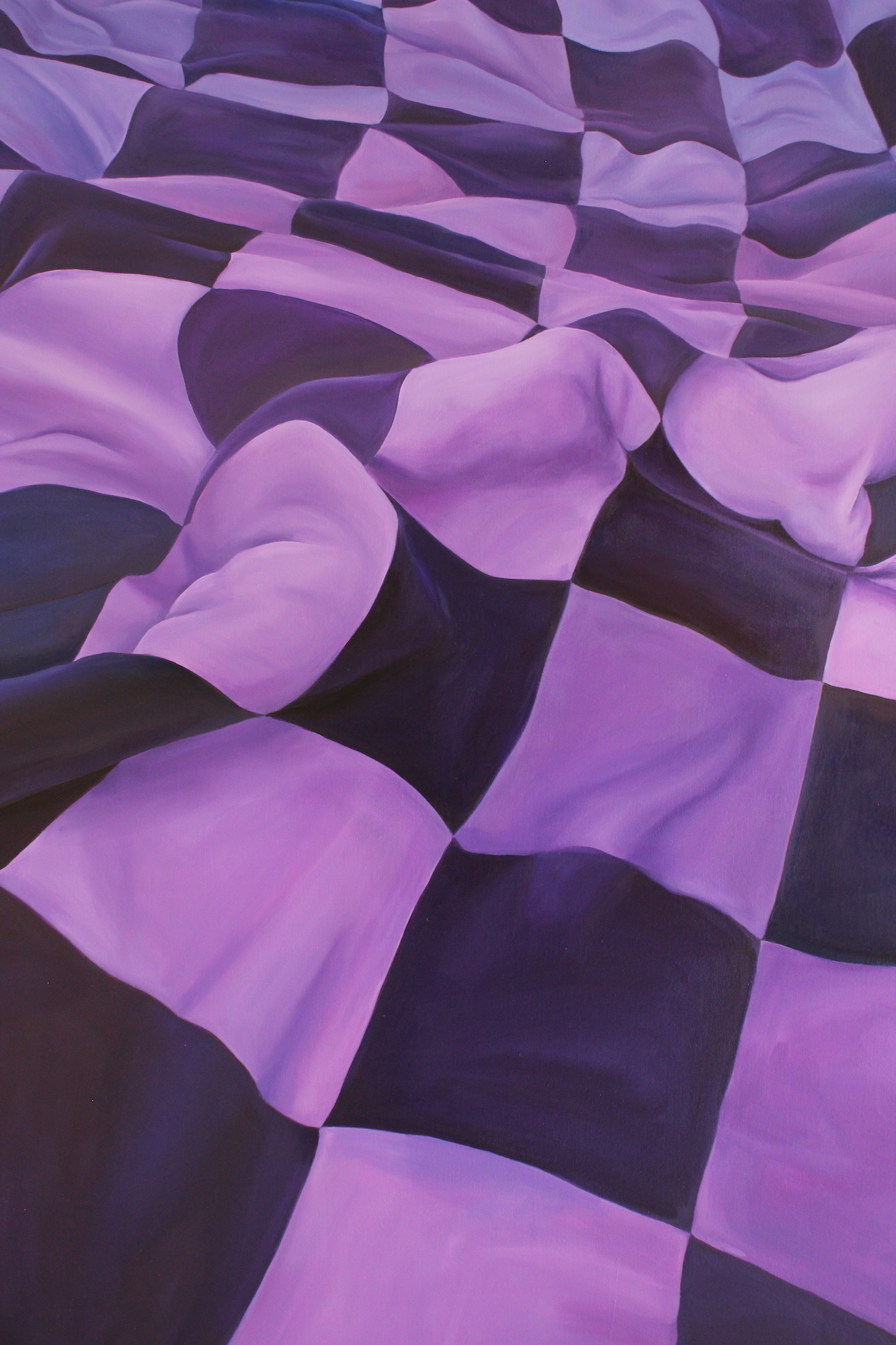 Painting of a large pink and purple check piece of material.