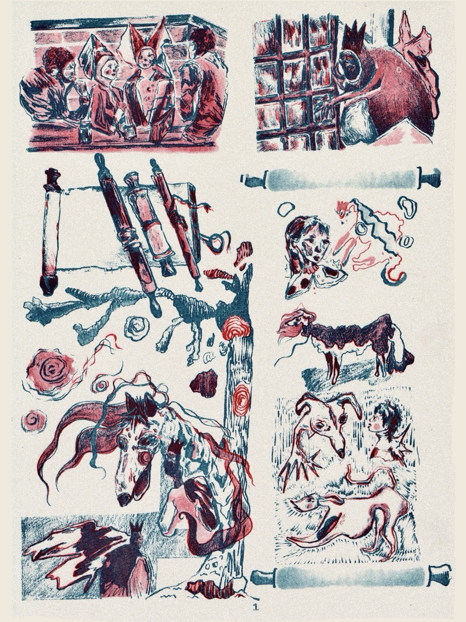 An abstract mixed-media illustration with red, blue and black sketches of people, animals and ladder-like forms arranged in separate panels on a cream background.