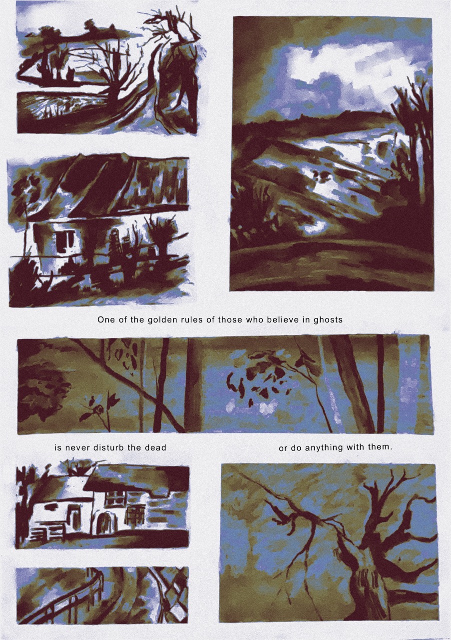 A page of painted landscape scenes arranged in rectangular panels, with the caption 'One of the golden rules of those who believe in ghosts is never disturb the dead or do anything with them.'