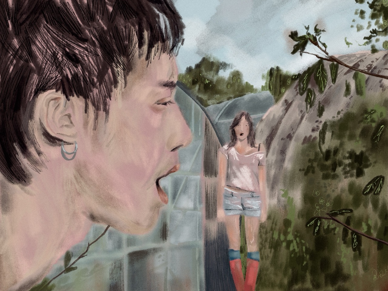 A painted scene shows a close-up profile of a woman with short dark hair and a hoop earring in the foreground, with another woman standing beside a greenhouse and rocky hillside in the background.