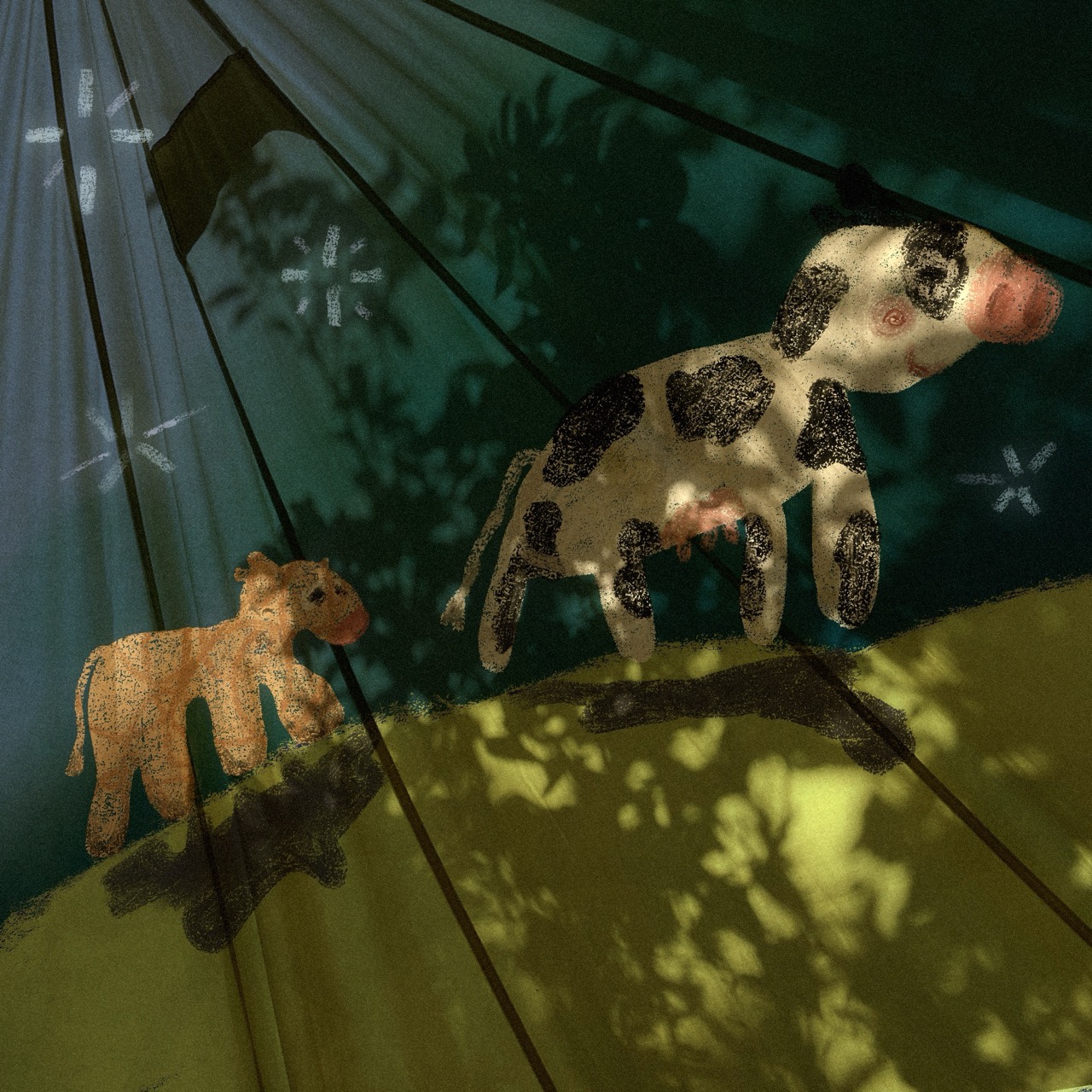 A spotted cow and a smaller orange calf stand on a sloped surface, with a dark green background and shadows across the foreground.