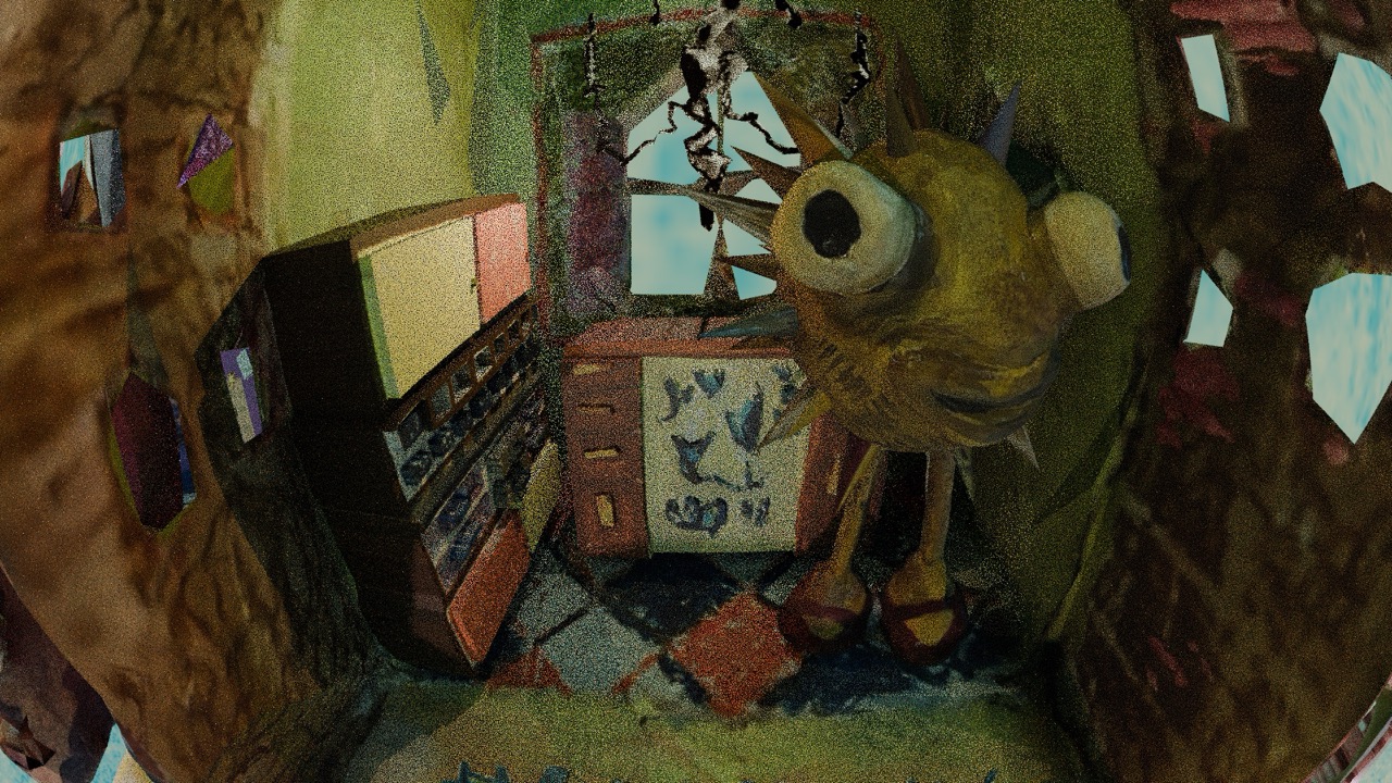 A yellow cartoon bird with oversized eyes stands in a dim, cluttered room beside a small television, with cracked windows and papers on the walls.