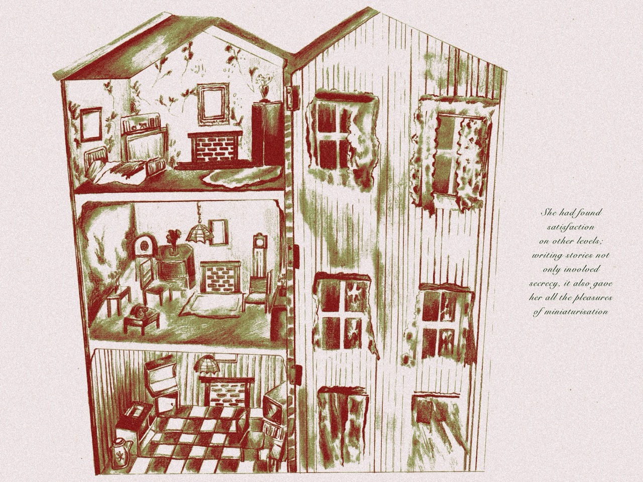 A hand-drawn cutaway illustration of a three-storey house with furnished rooms on the left and a striped exterior on the right, with a short quotation printed beside it.