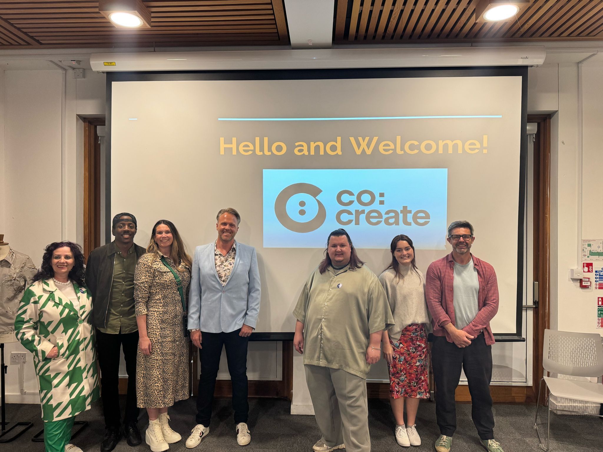 Speakers at the Co:Create Innovation event posing for a photo. L-R: V. M. McClean, A. Olowude, P. Norman, D. Ware, C-J Wilson, H. New.