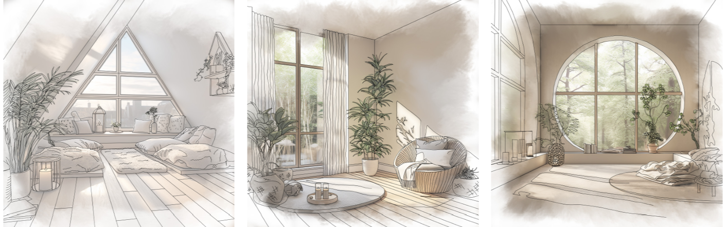 A series of three design sketches, showing different sitting areas in a house, one in an attic with a triangular window, one by a tall rectangular window, and a spacious room with a round window.