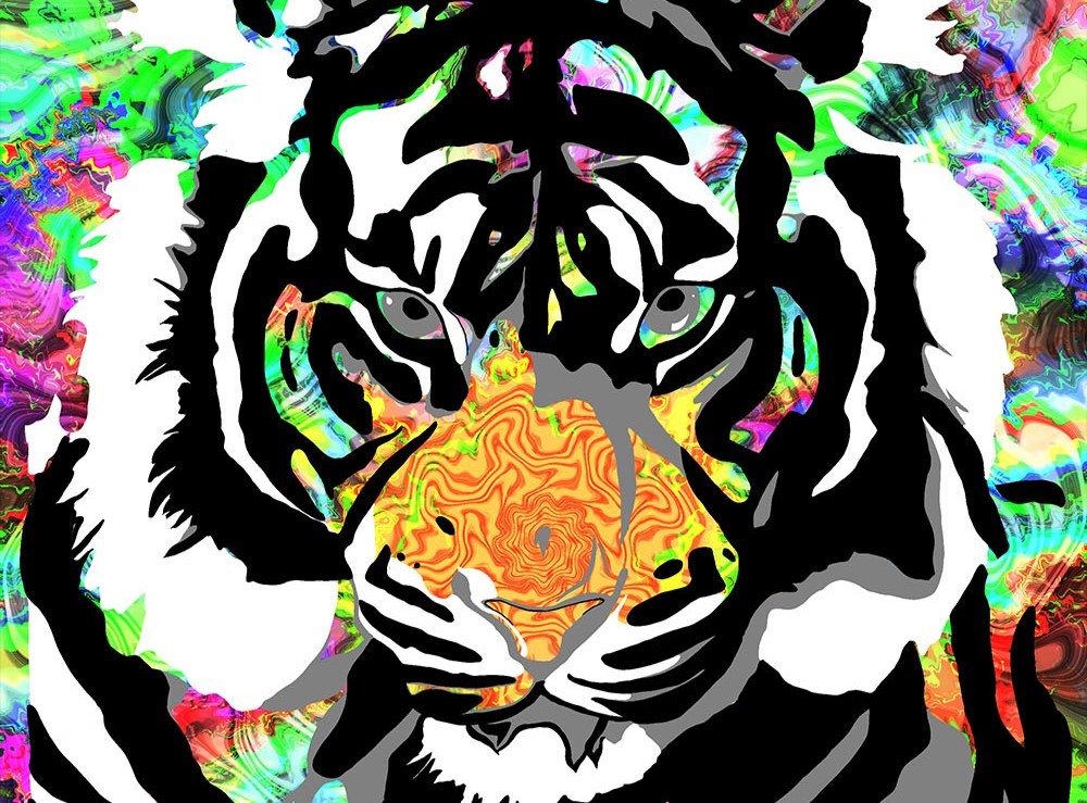 Close-up of a tiger's face with a multicoloured shimmering effect throughout.