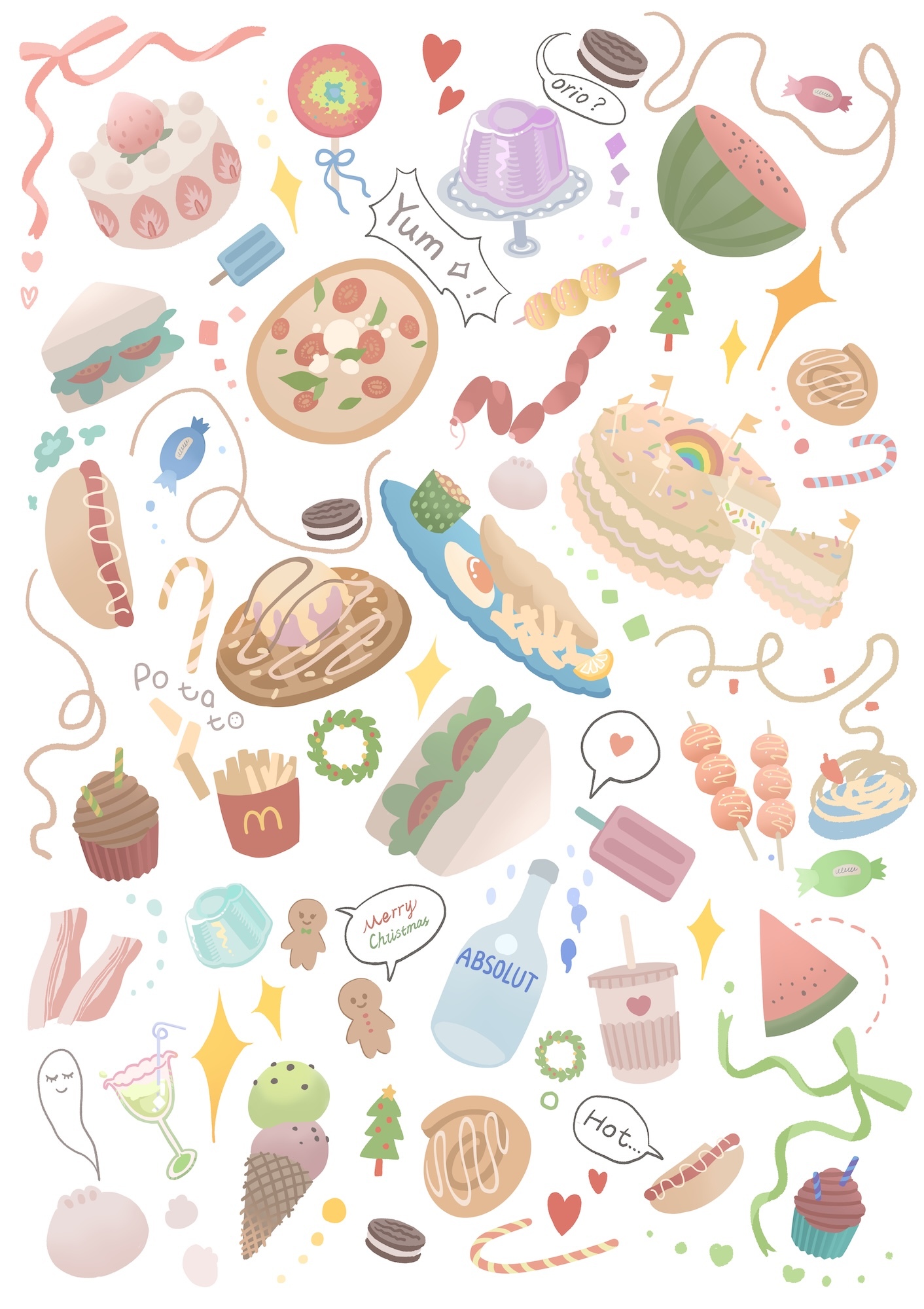 Watercolour illustration featuring scattered food items including pizza, cake, watermelon, hot dogs, and biscuits in soft pastels with decorative ribbons and speech bubbles on white background.