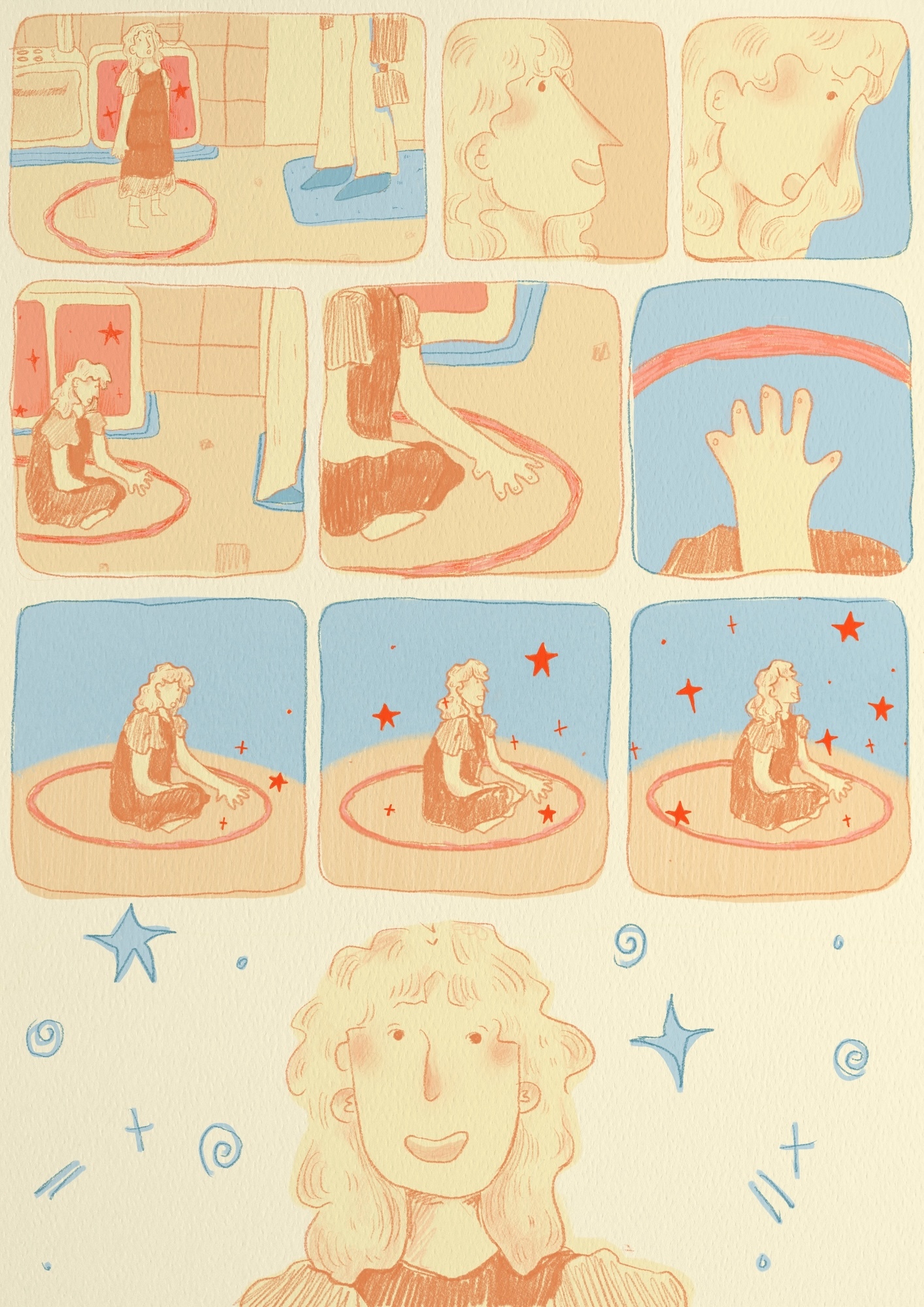 Colour comic strip telling the story of a young girl sitting in a red circle on a carpet. The strip is made up of 10 panels.