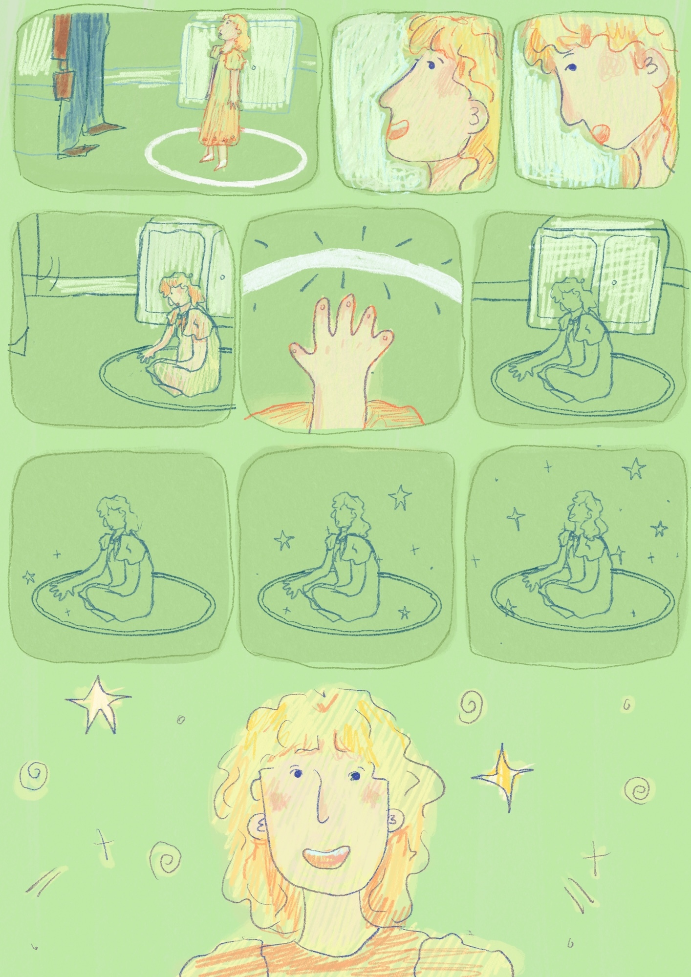 Primarily green comic strip showing a young girl sitting in a white circle. The comic strip is made up of 10 panels.