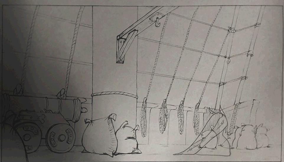 Sketch of the deck of a ship, with a mast near the centre, rigging behind it, sandbags strewn about, and a cannon on the left side.