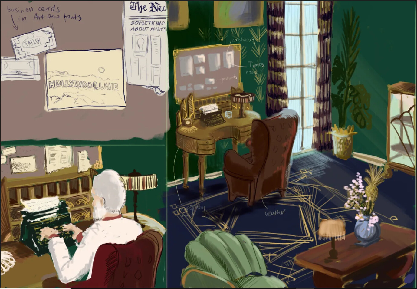 A collage of concept art pieces – green wall living room furnished and business cards.