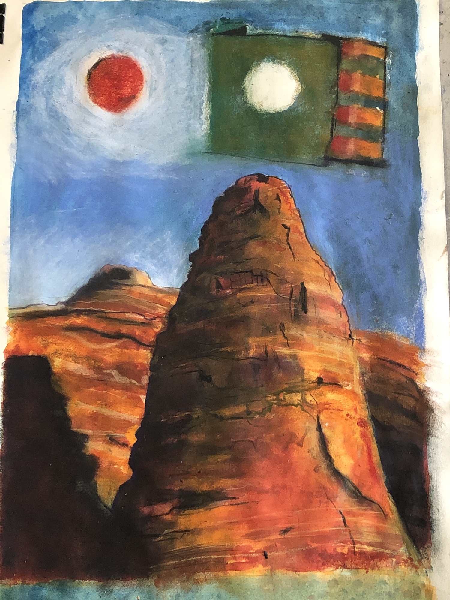 Painting of a conical rock/land formations with a red sun beating down and a green and orange flag-like object hovering in the sky.