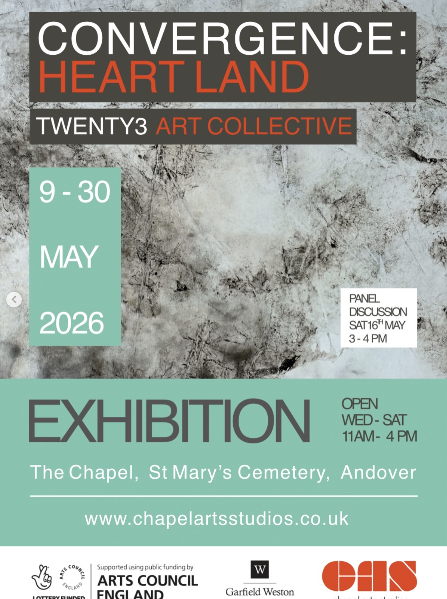 Poster for Convergence: Heart Land by Twenty3 Art Collective, showing exhibition dates 9–30 May 2026 at The Chapel, St Mary’s Cemetery, Andover, with a grey abstract background and turquoise information panels.