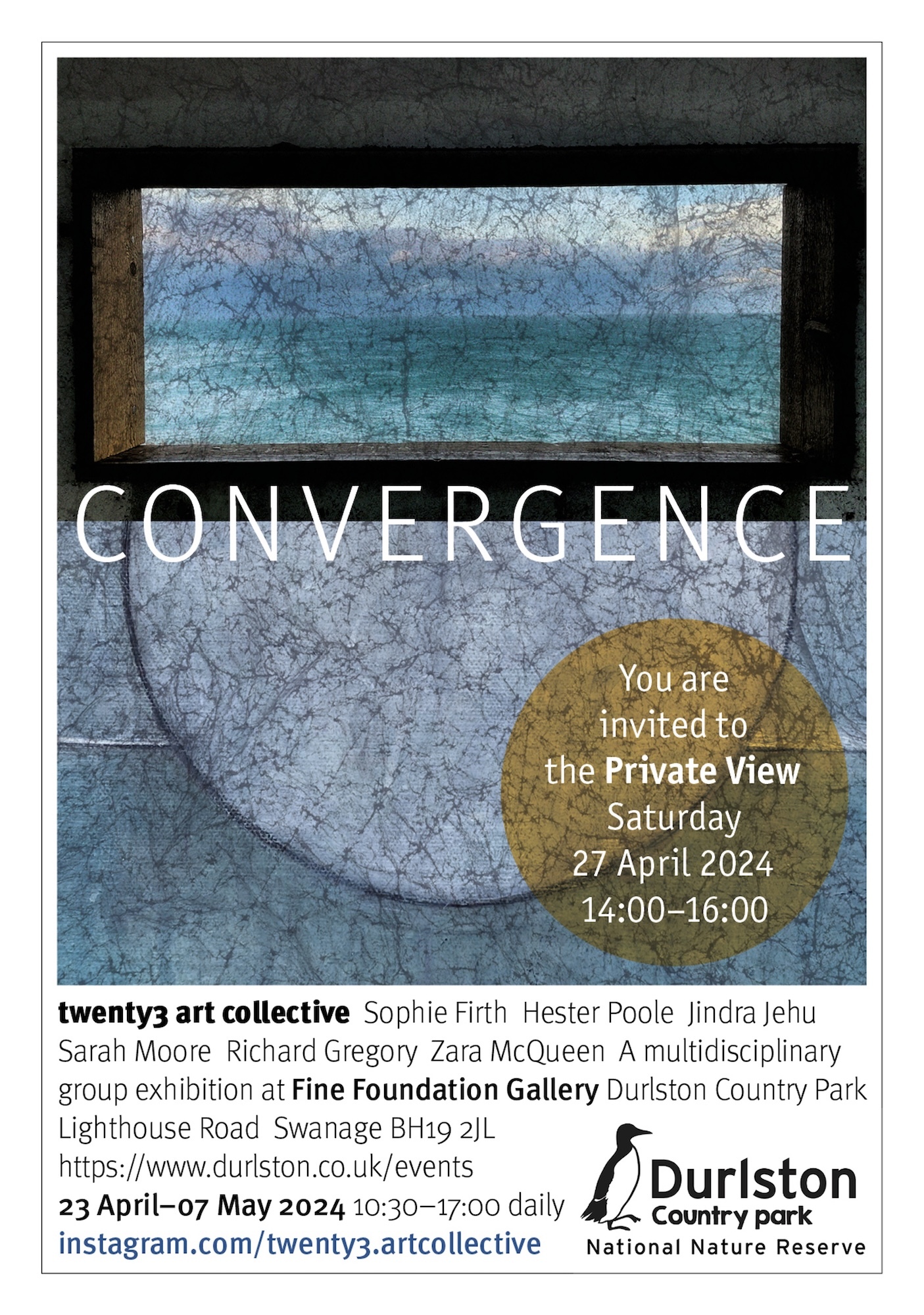 Art exhibition poster with blue textured background, white "CONVERGENCE" text, brown circular element with event details, and white text block below.