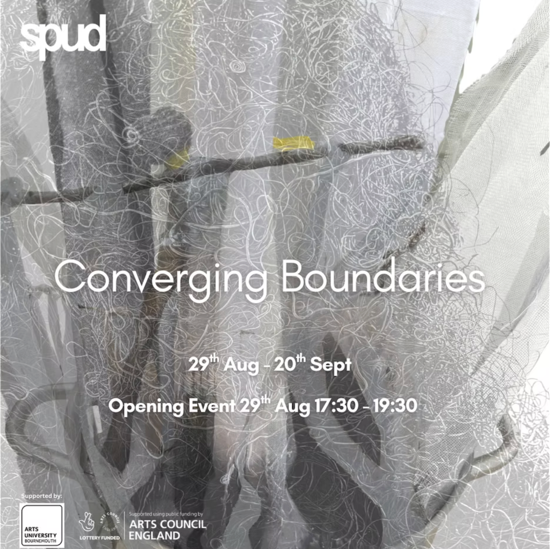 Grey and white abstract artwork with flowing lines and shapes. Text overlay reads "Converging Boundaries" with exhibition dates and Arts Council England logo.