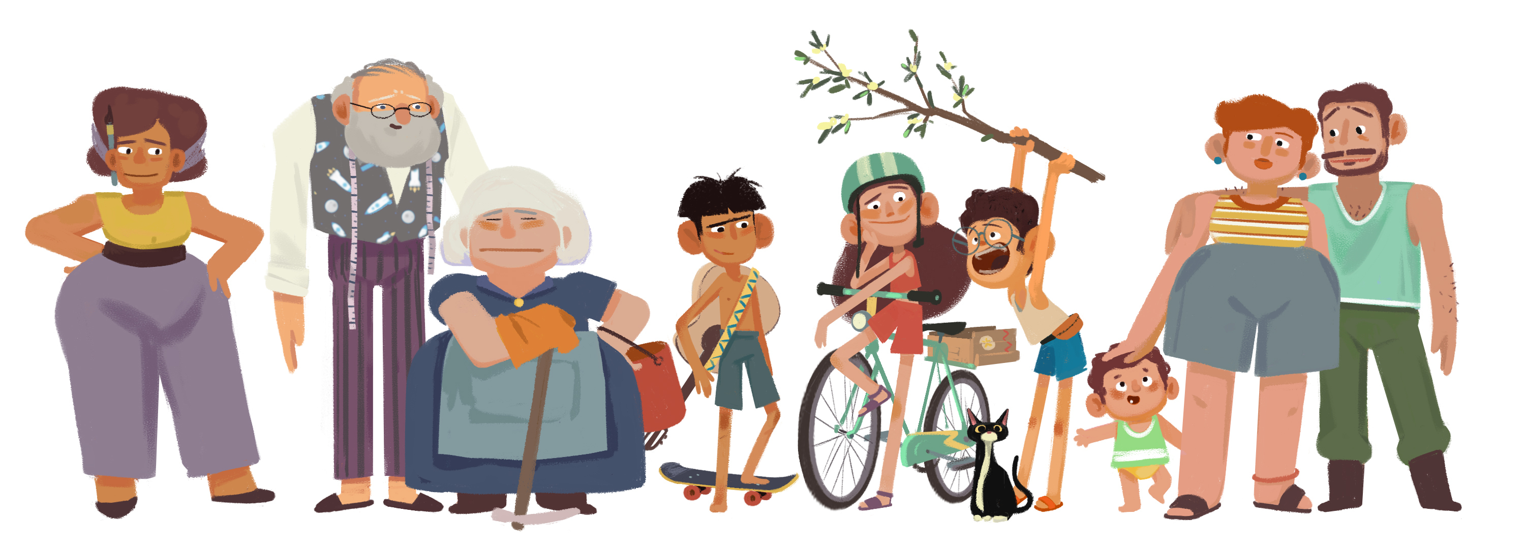 A line-up of cartoon characters, including three children, two older people, three adults and a toddler.