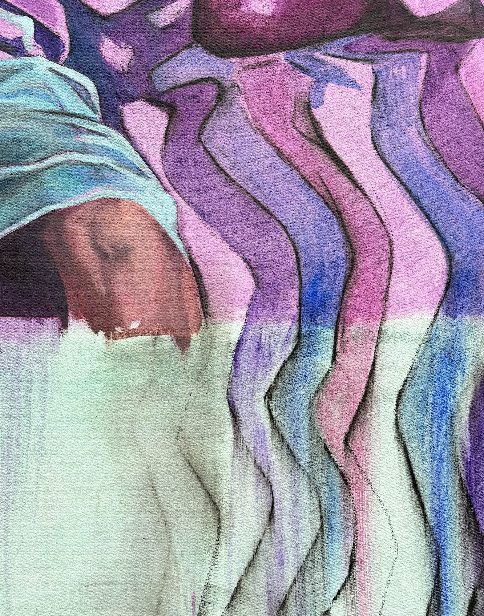 Illustration of figure in mint green headwrap against flowing purple, pink and blue wavy shapes with curved black lines throughout.