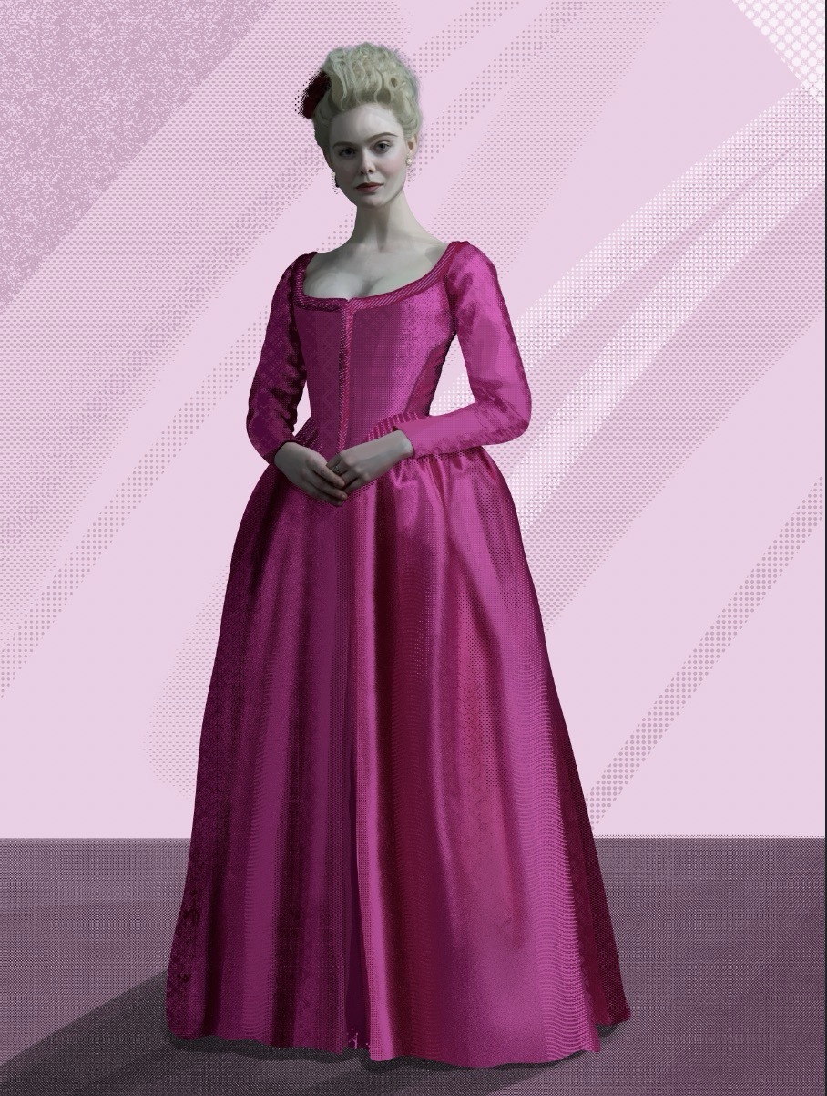 Realistic costume illustration of a woman wearing a pink dress, pink background.