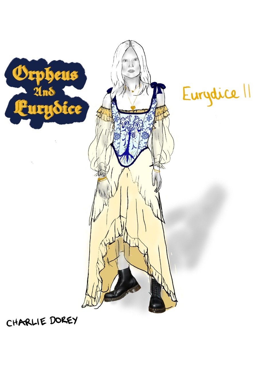 Costume design for 'Eurydice' wearing a layered yellow dress and blue floral corset, white background.