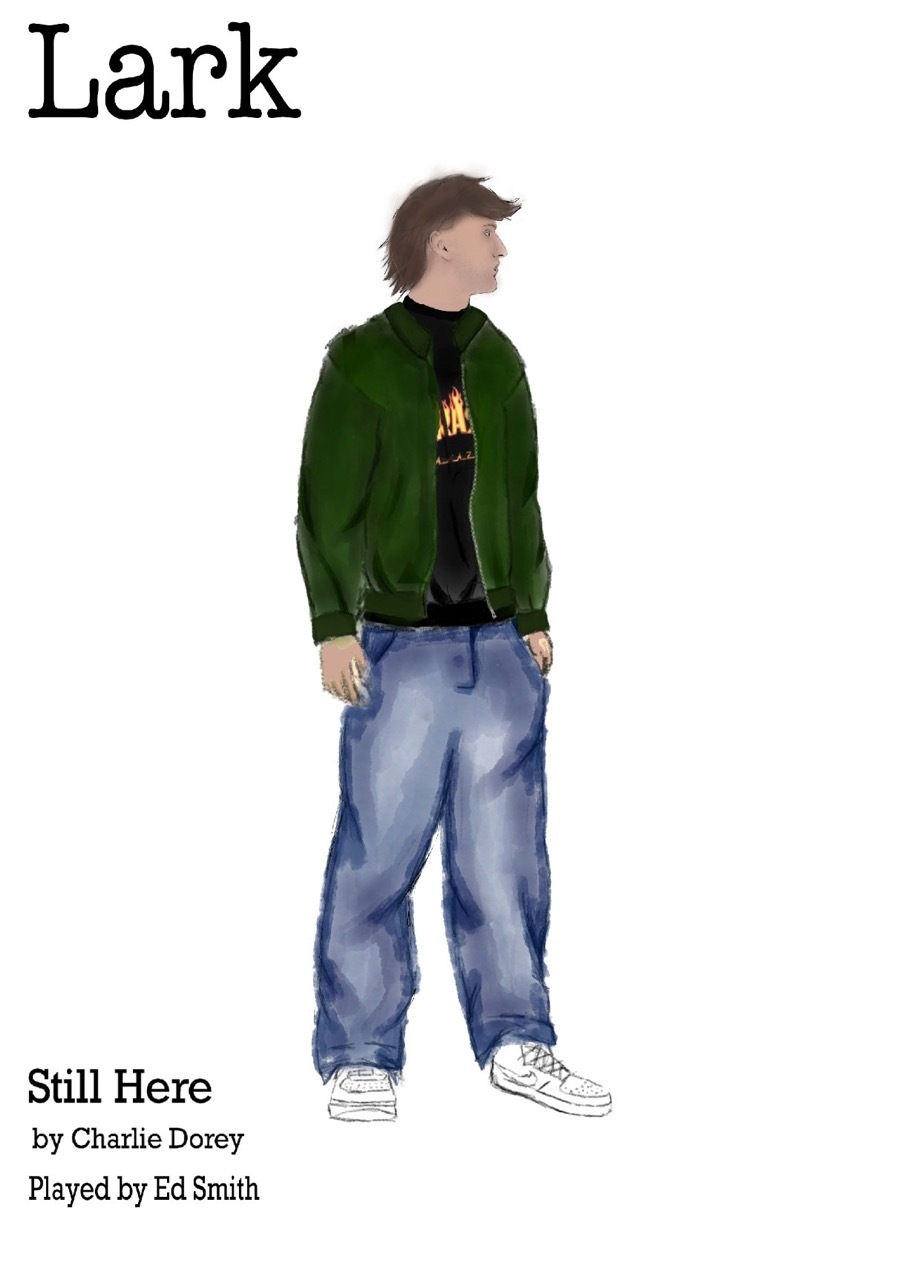 Costume design for 'Lark' with a green hoodie, black top, jeans and white sneakers, white background.
