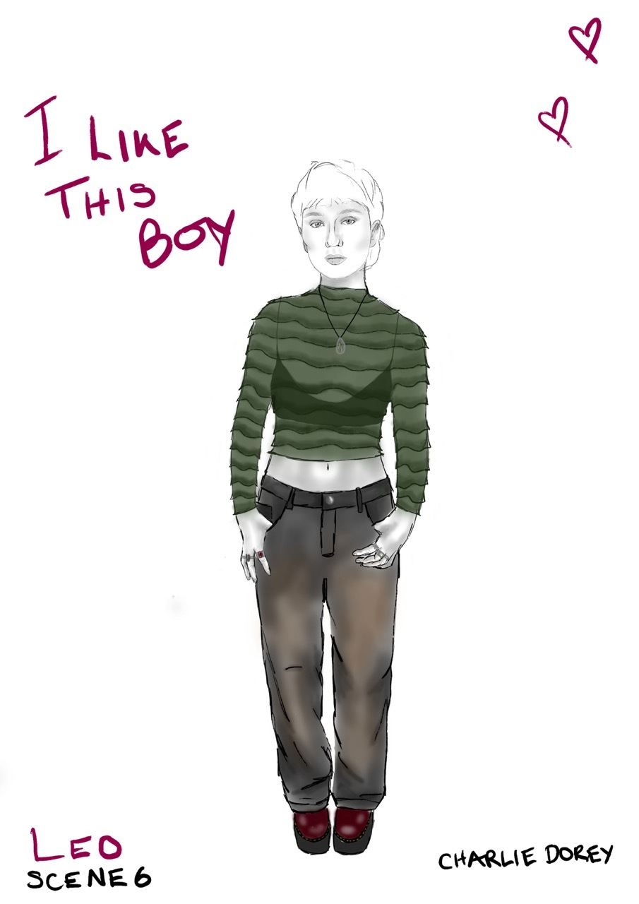 Costume design for 'Leo' wearing a green top and jeans, white background.