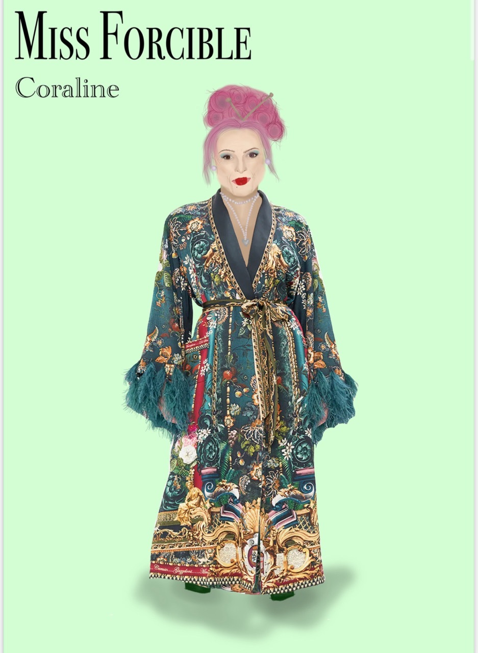 Costume design for 'Miss Forcible' wearing an extravagant, floral green and gold nightgown with pink hair, green background.