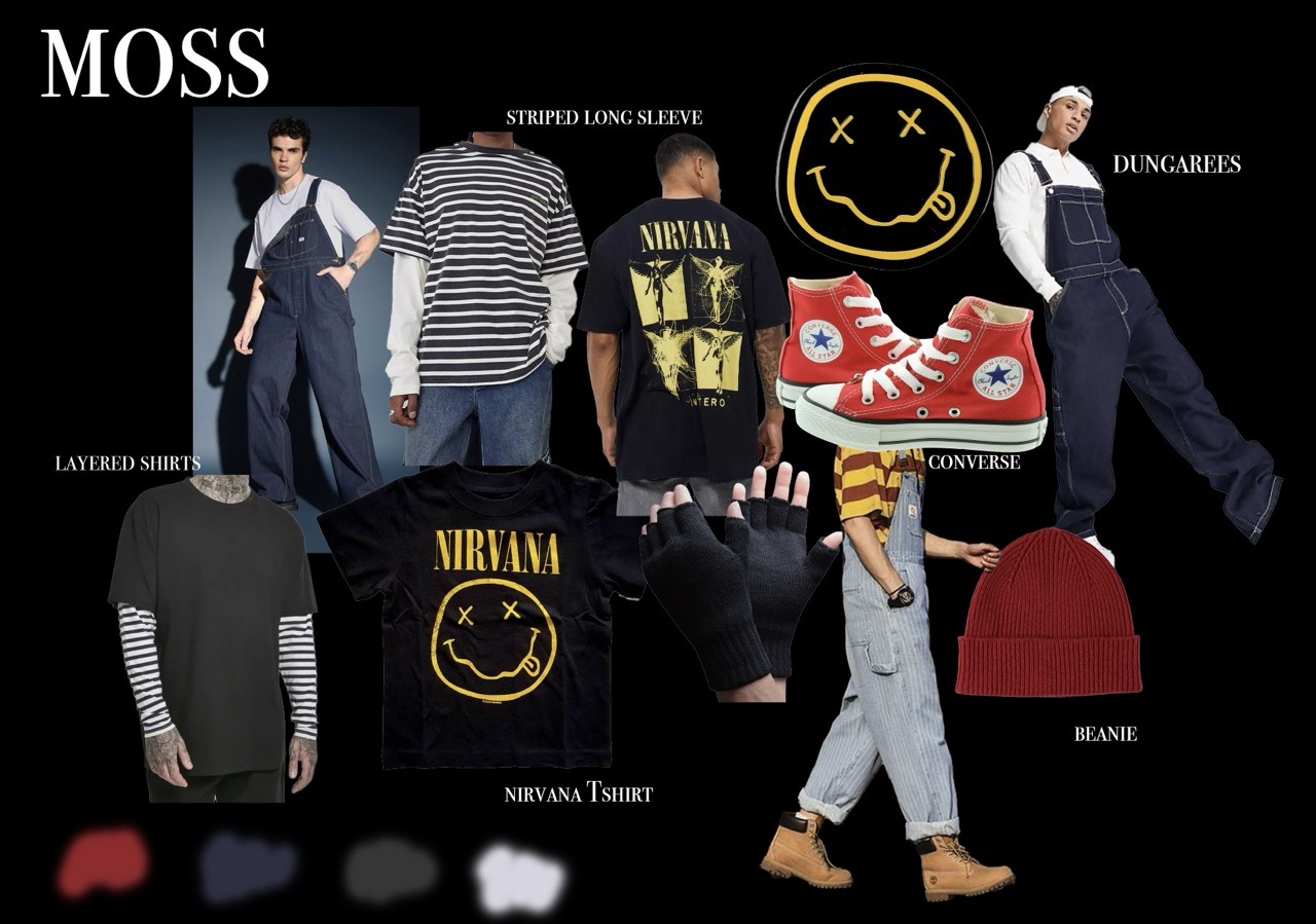 Costume design and moodboard for 'Moss' featuring alt/skater streetwear style outfits, red, yellow and black, dark background.
