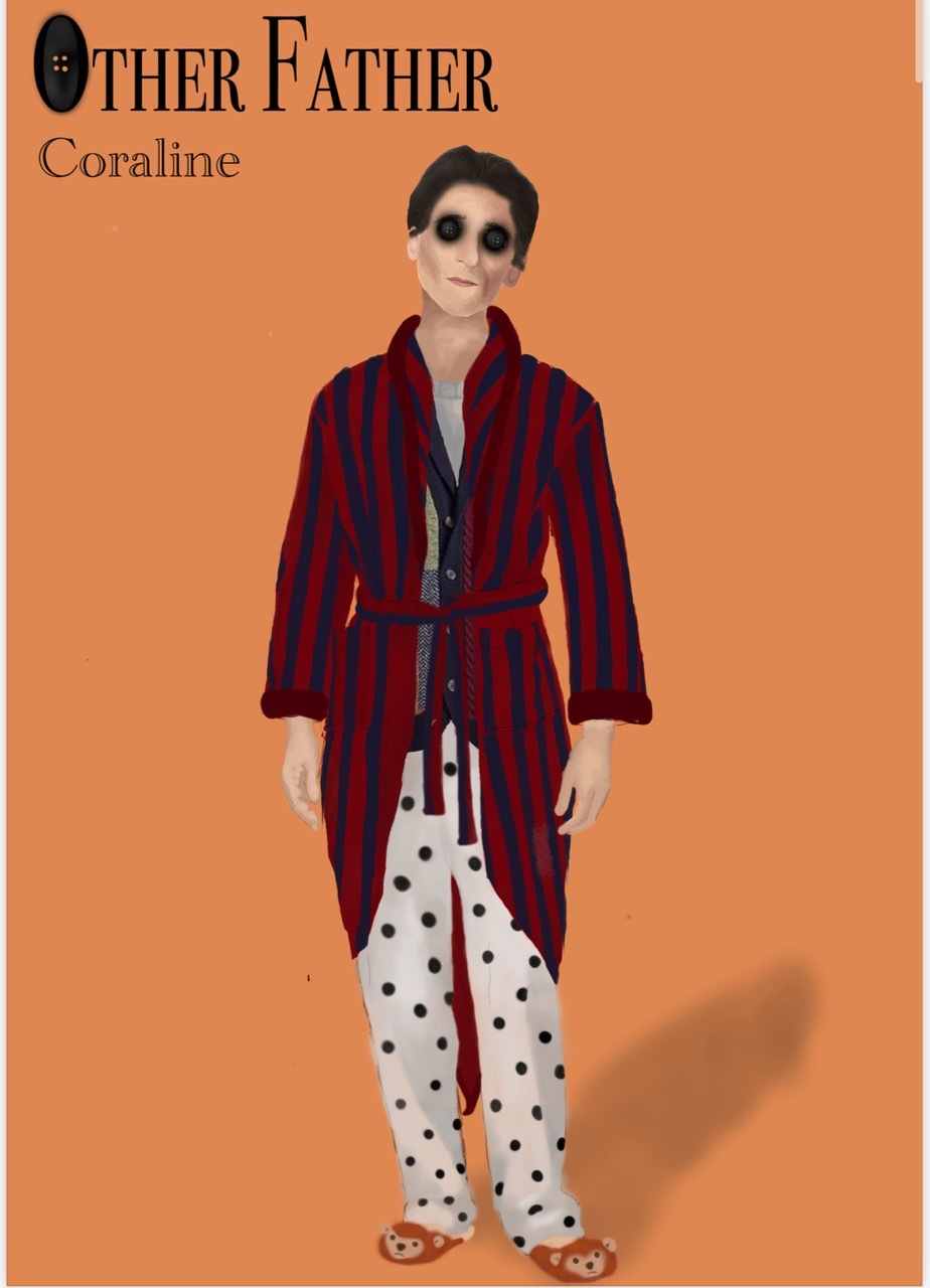 Costume design for 'Other Father' wearing a red and black striped nightgown, polka dot joggers and monkey slippers, orange background.