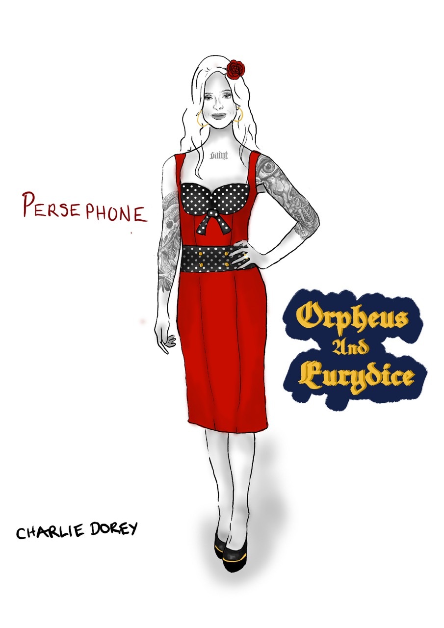Costume design for 'Persephone' wearing a red dress and heels, tattoos and a red flower in her hair, white background.
